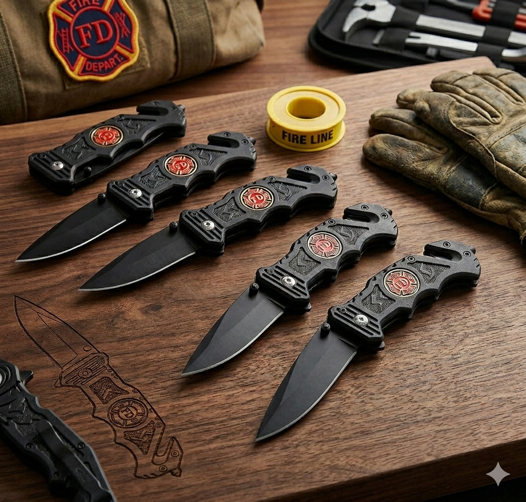6.25 Inch Fire Fighter Folding Survival Knife W/ Inlay Fire Fighter Emblem, 6PK 6.25 Inch Fire Fighter Folding Survival Knife W/ Inlay Fire Fighter Emblem, 6PK