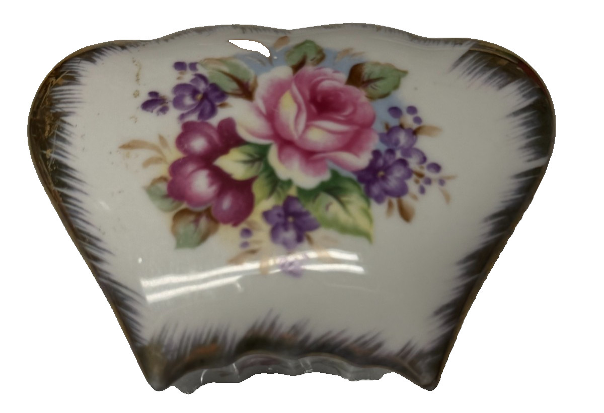 Vintage Shafford Japan Hand Painted Porcelain Fan Trinket Box Floral Gold