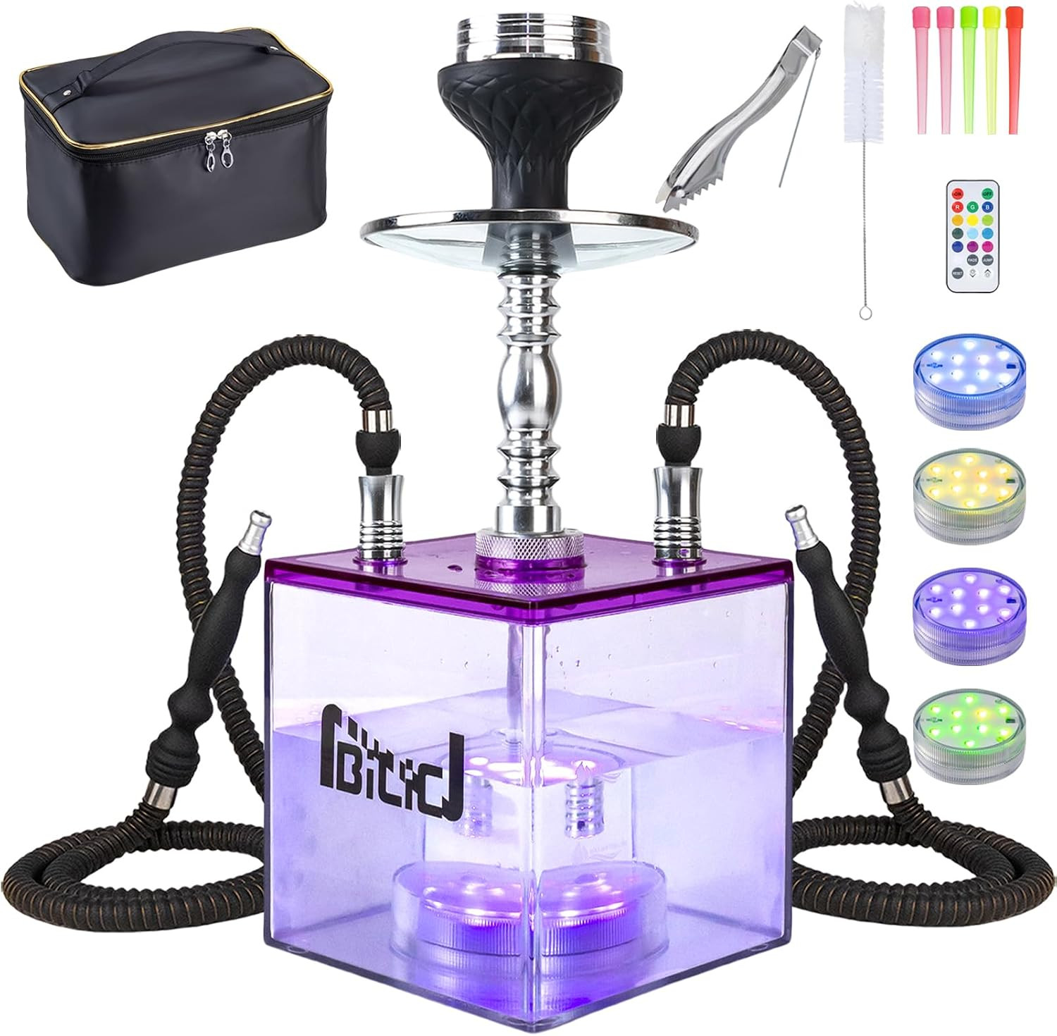 16.7 Inch Purple Hookah Set, 2‑Hose with LED Acrylic Base for Party 16.7 Inch Purple Hookah Set, 2‑Hose with LED Acrylic Base for Party
