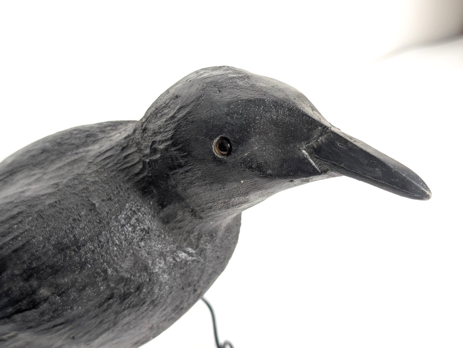 Vintage Hand Carved Wood Raven Crow Folk Art Sculpture Glass Eyes Metal Feet