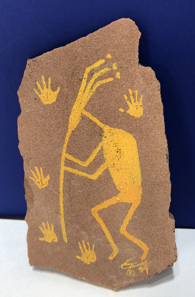 PETROGLYPH  PRIMITIVE STONE PAINTING   KOKOPELLI  c 1994