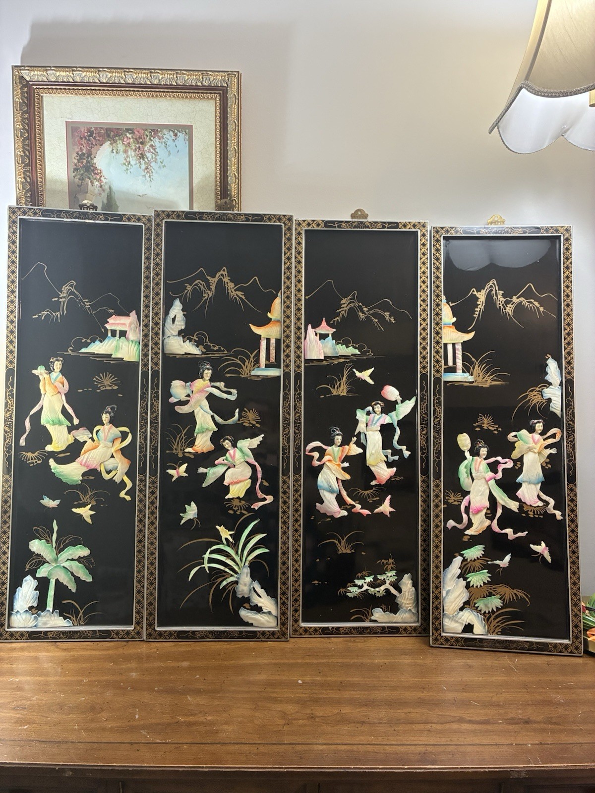 4 Vintage Oriental Mother of Pearl Women Inlaid Black Lacquer Wall Panels 36” 4 Vintage Oriental Mother of Pearl Women Inlaid Black Lacquer Wall Panels 36”
