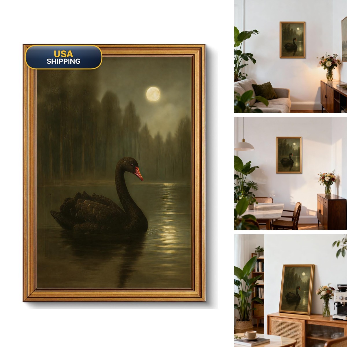 XLARTMY Framed Black Swan Wall Art Small Vintage Gold Canvas Gothic Rustic