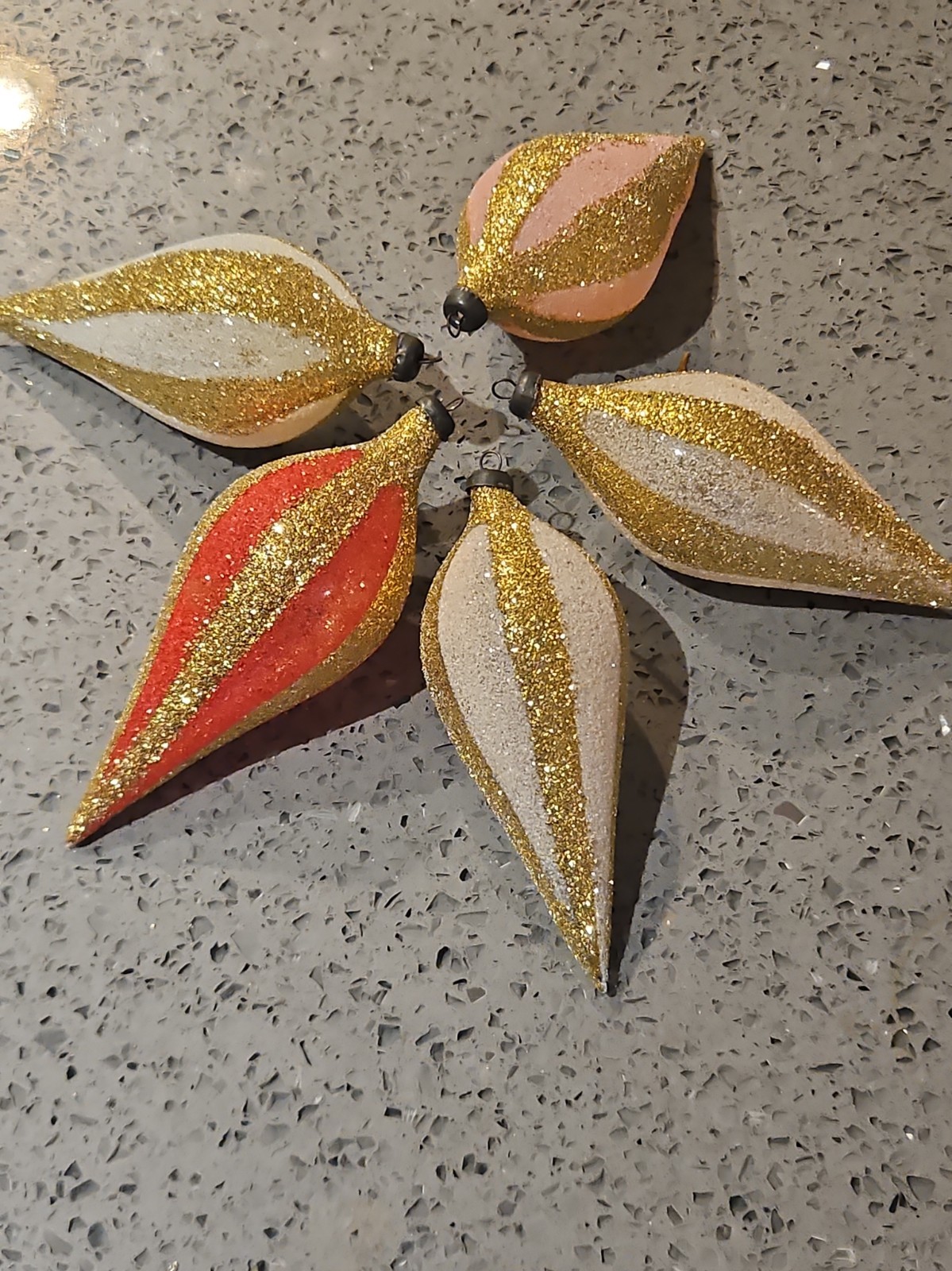 5 Vtg Italian Glass Teardrop Christmas Ornaments Red Pink Gold Glitter Mica 4.5