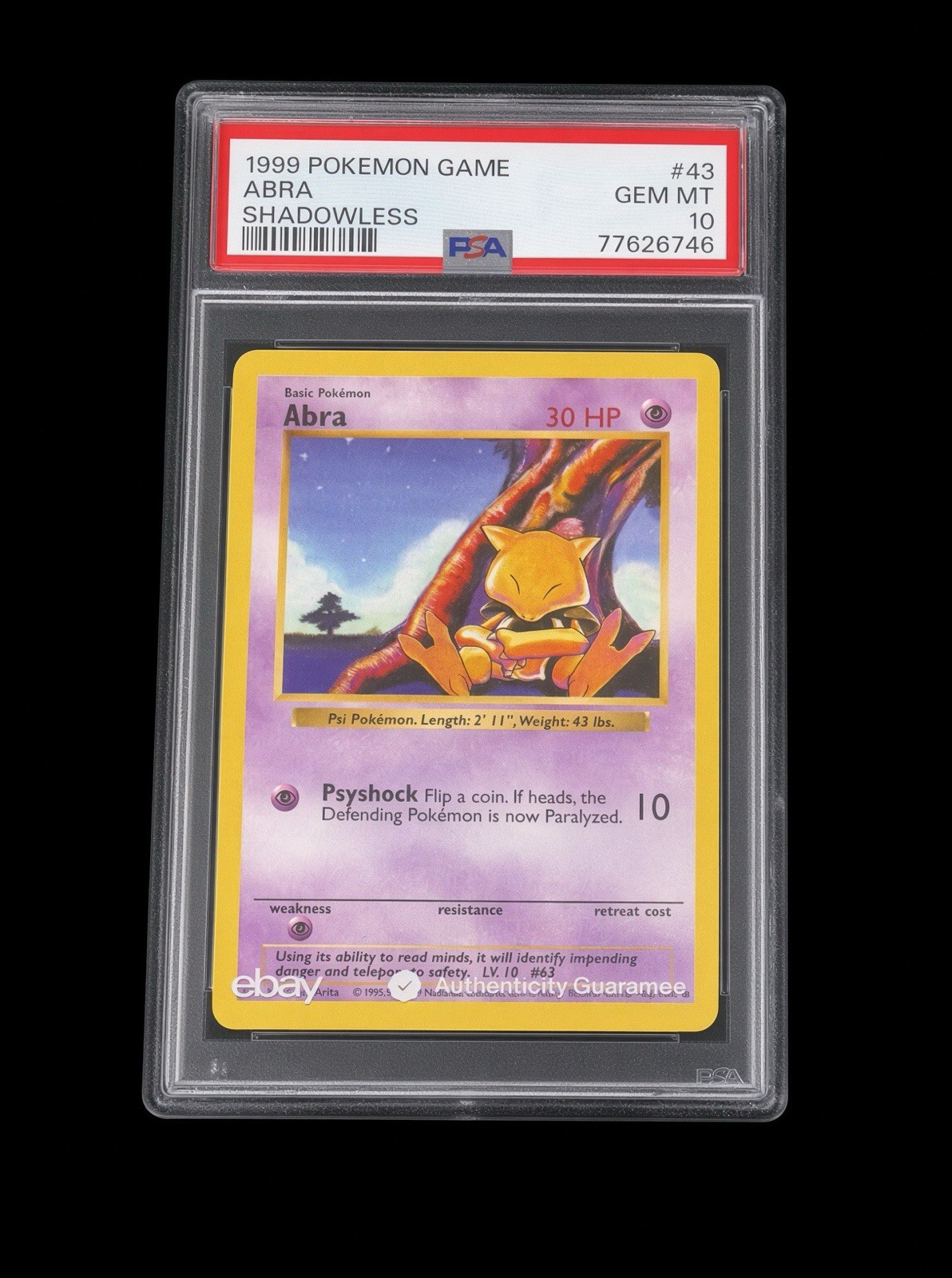 1999 Pokémon Game Abra Shadowless #43 PSA 10 Gem Mint English Card
