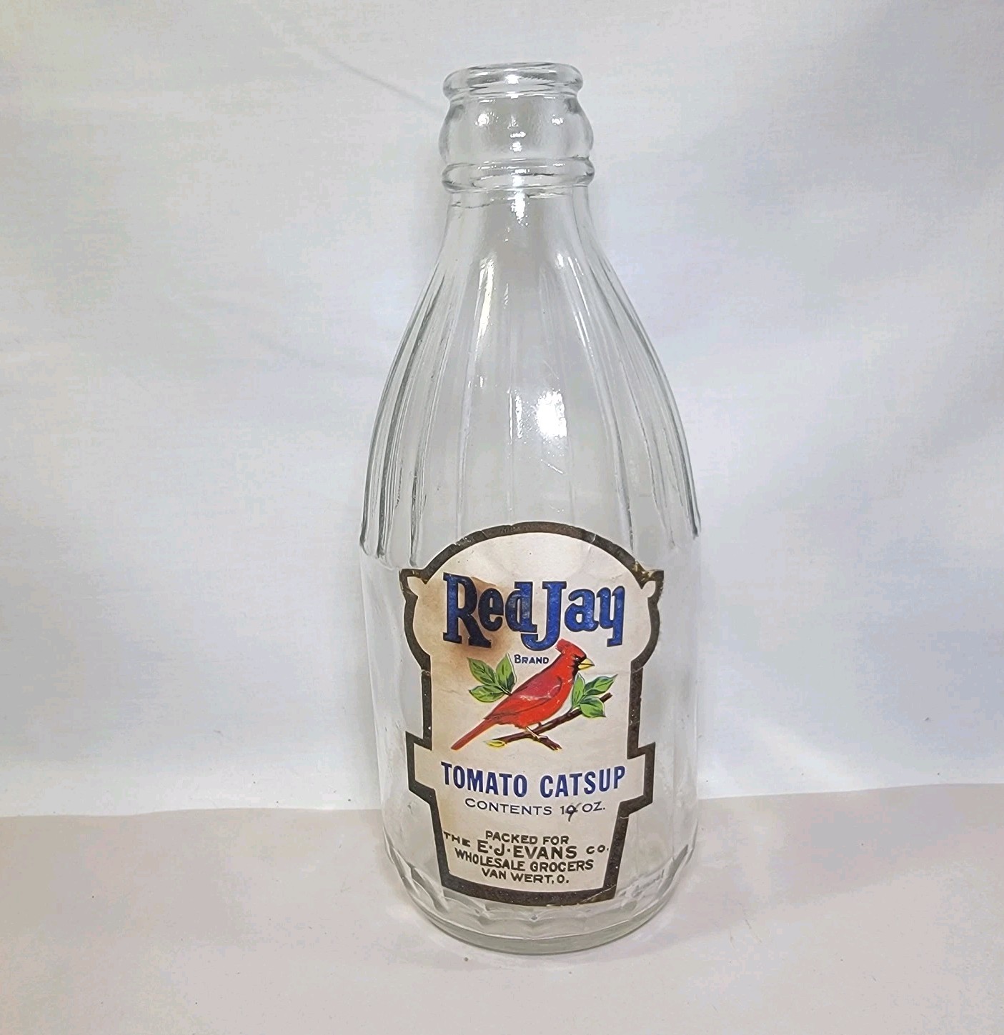 Vintage Mid Cent. E-Jay Red Jay E. J. Evans Van Wert Ohio Catsup Bottle w/ Label