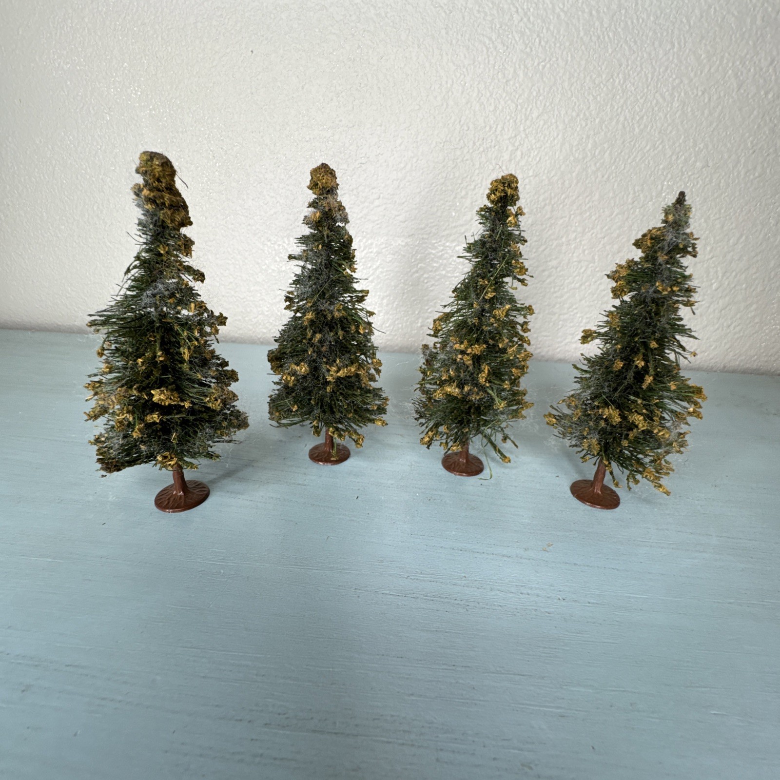 4 VTG 50s Flocked Bottle Brush Christmas Tree Metal Base Germany Putz Village 5” 4 VTG 50s Flocked Bottle Brush Christmas Tree Metal Base Germany Putz Village 5”