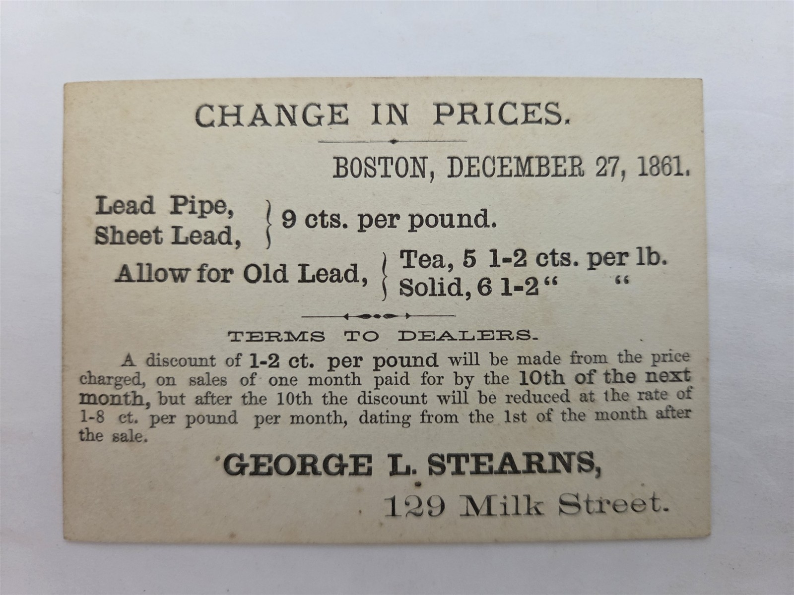 1861 antique GEORGE L STEARNS boston ma LEAD PIPE PRICE LIST trade card 9¢
