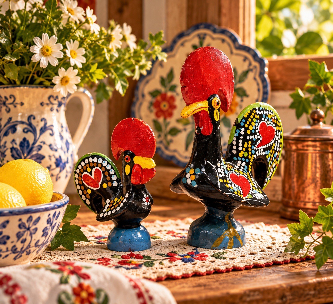 Set of 2 Vintage Portuguese Barcelos Rooster Figurines Hand Painted