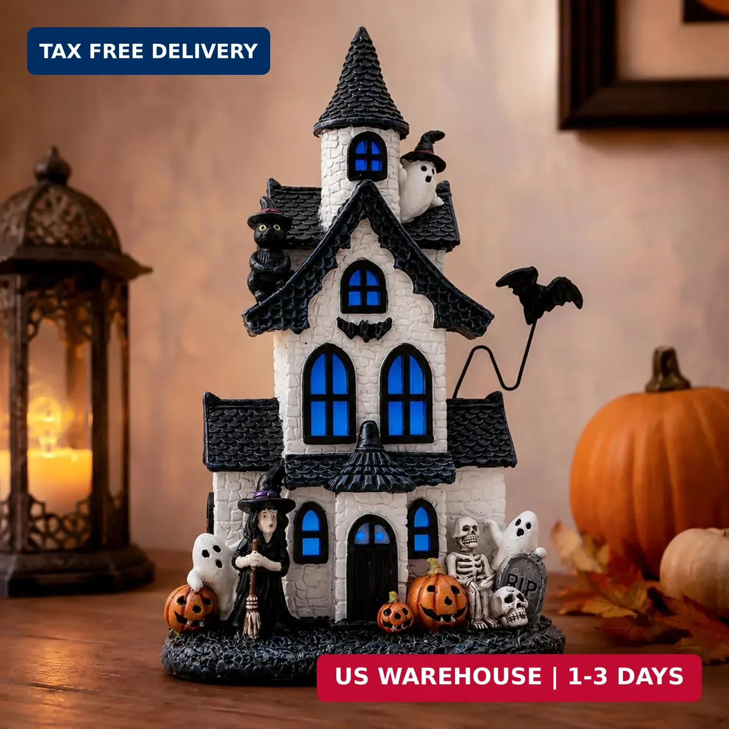 9in Halloween Village Figurine Set Resin Haunted House Decor