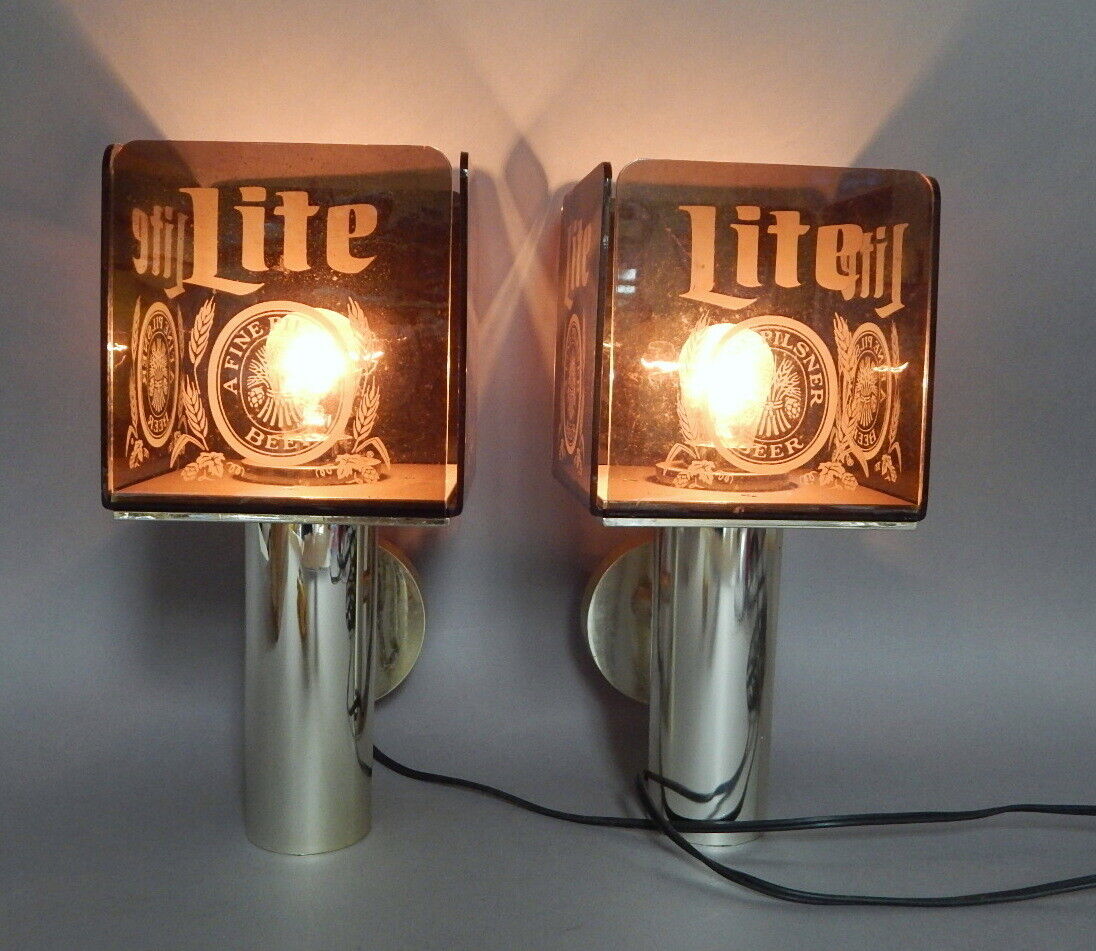 PAIR Vintage Miller Lite Brewing Everbrite Electric Light Lamp Sconce Beer Sign