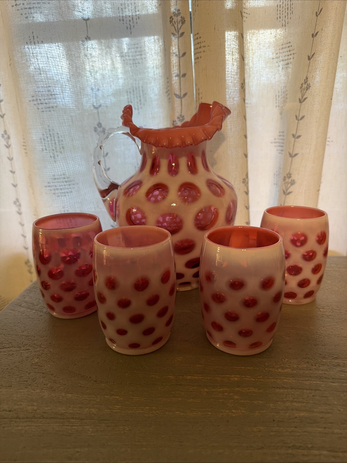 Fenton Cranberry Opalescent Glass Coin Dot Pitcher w/4 tumblers Set 1950\'s