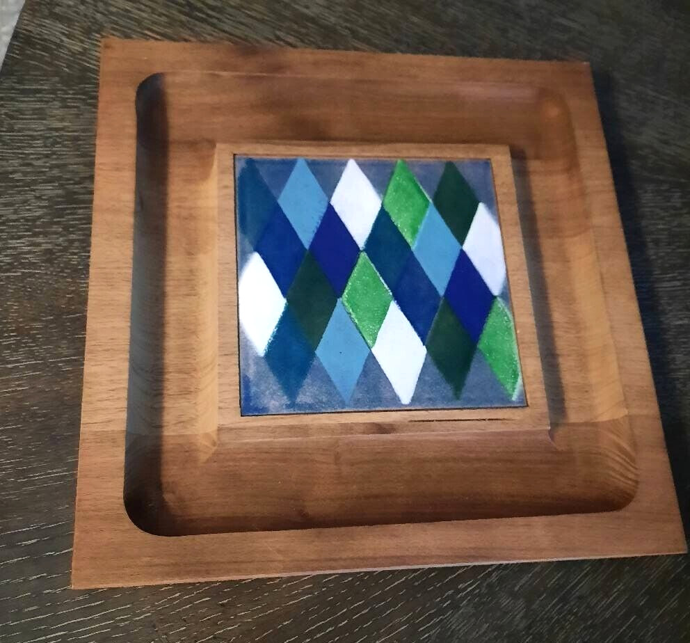 Vintage cheese board tile MCM wood Ernest Sohn blue green tray Vintage cheese board tile MCM wood Ernest Sohn blue green tray