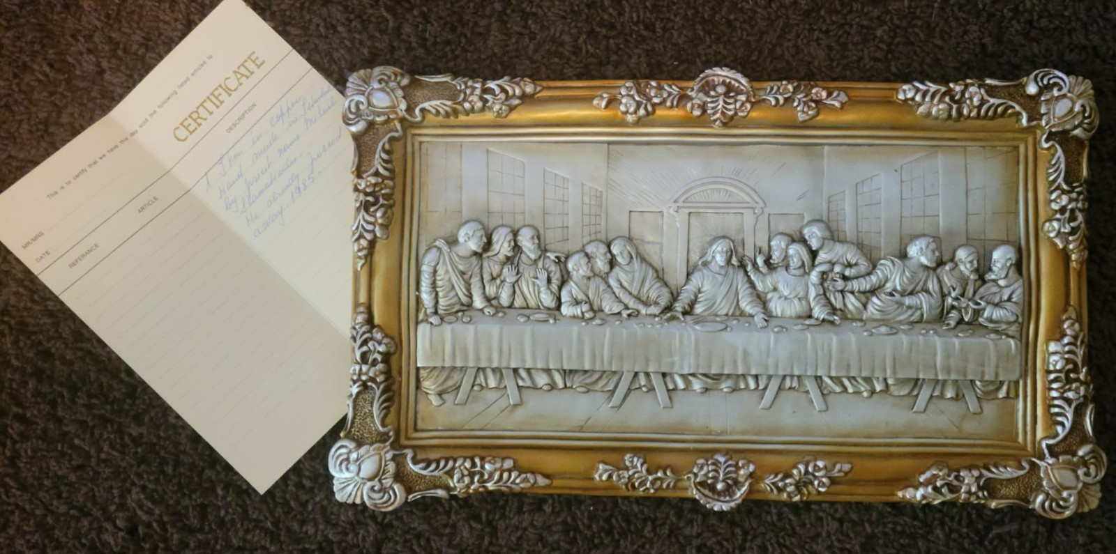 Vintage Polish Handmade The Last Supper 3D Relief Plaque Ornate Frame COA