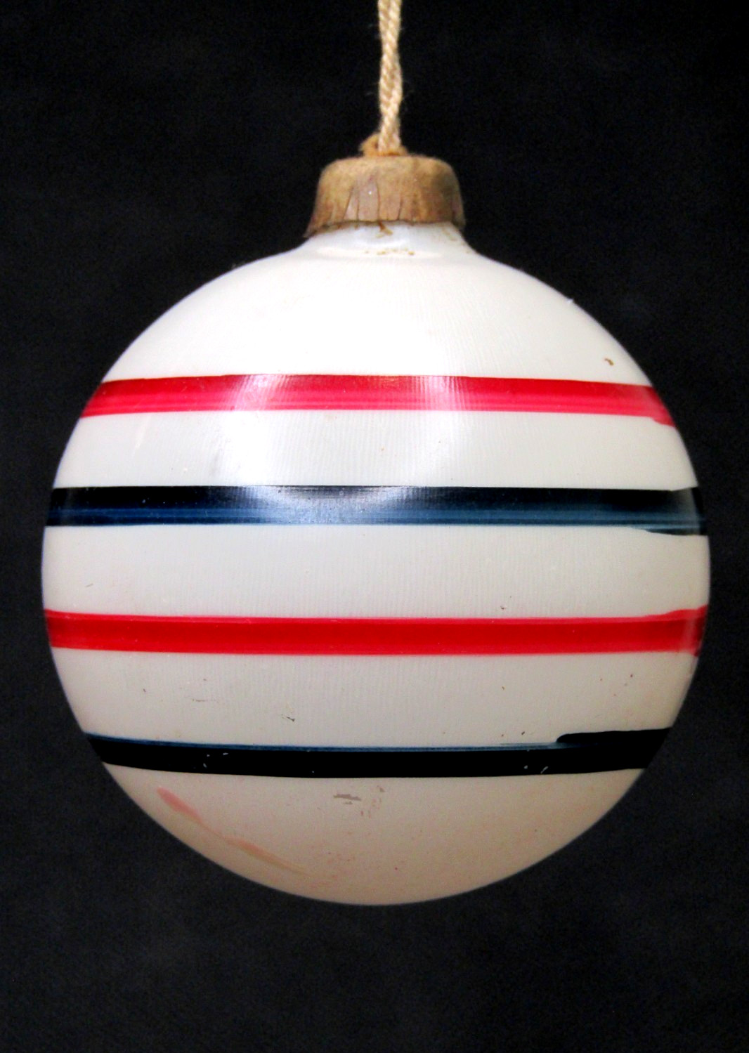 VTG WWII Unsilvered Glass Paper Cap Striped BALL Christmas Ornament Corning Mark