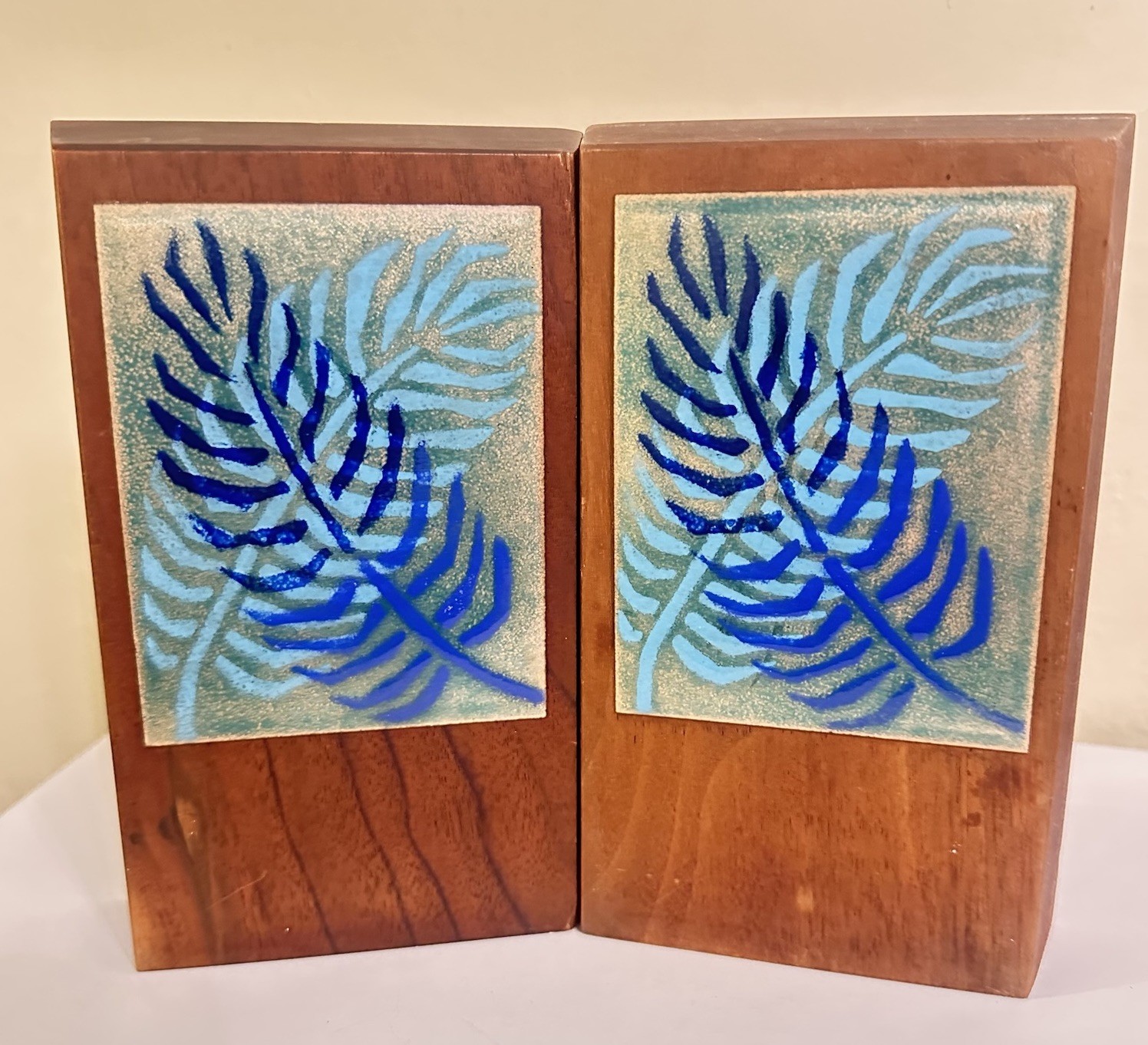 Pair of Mid-Century Modern Walnut & Enamel Bookends By Ernest John 6.5”T x 4”W Pair of Mid-Century Modern Walnut & Enamel Bookends By Ernest John 6.5”T x 4”W