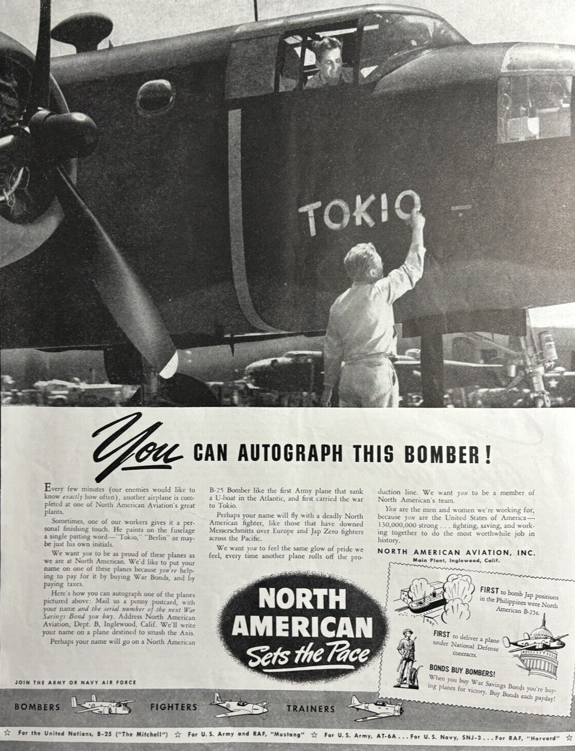 1942 North American Aviation Inc Inglewood Calif Tokio Bomber B-25 VTG Print Ad