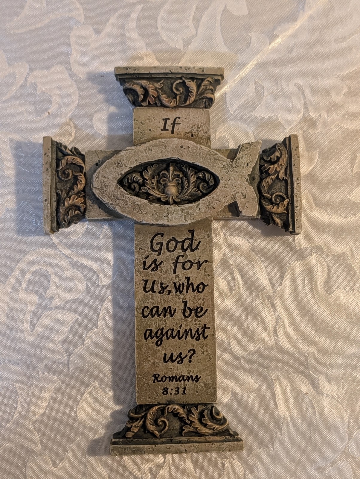 Vtg 1980-90s Wooden Wall Cross, With Ichthus Fish Symbol, And Romans 8:31.