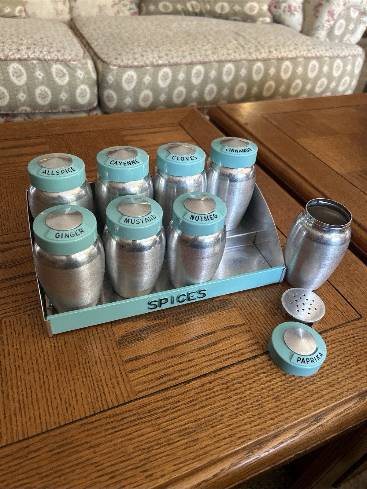 Vintage Kromex 1950s Turquoise Aluminum Spice Rack w. 8 Spice Containers
