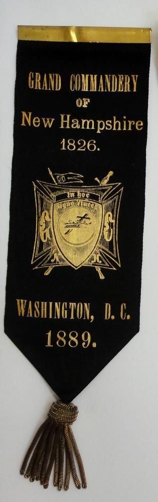 1889 antique MASONIC GRAND COMMANDERY new hampshire RIBBON gold black washington