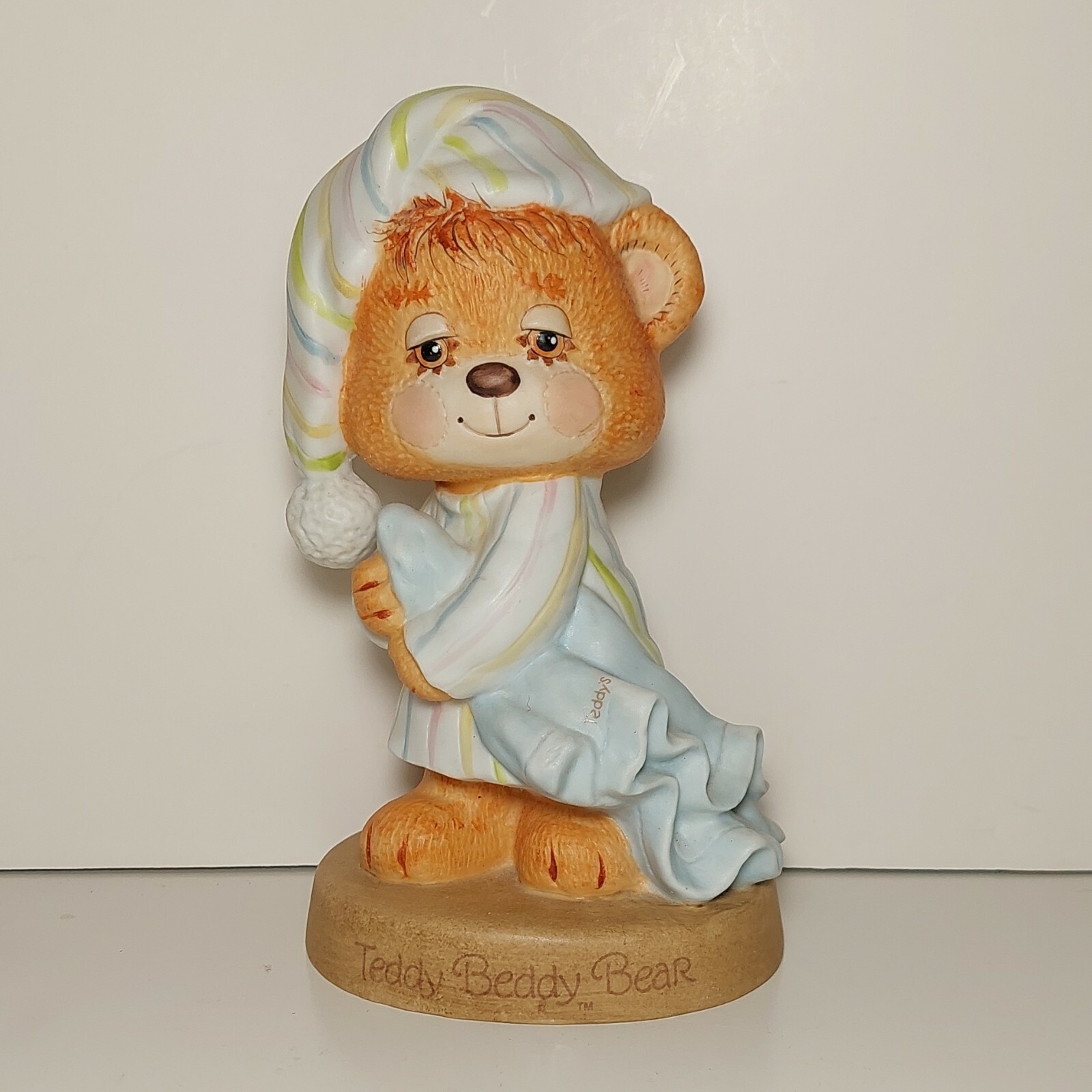 Vintage Enesco Teddy Beddy Bear Figurine Teddy w/ Blanket 1982 Morgan Inc 