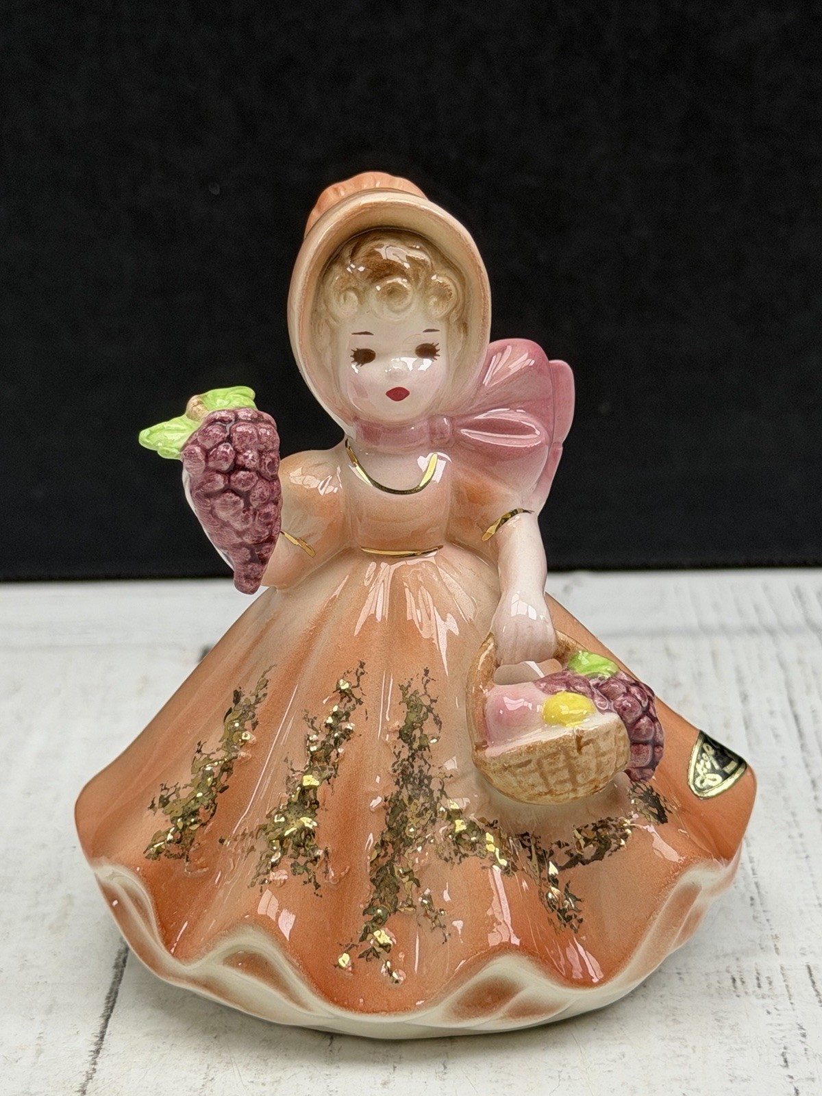 Vintage Josef Originals Girl Figurine Grapes Basket Orange Dress Bell Vintage Josef Originals Girl Figurine Grapes Basket Orange Dress Bell
