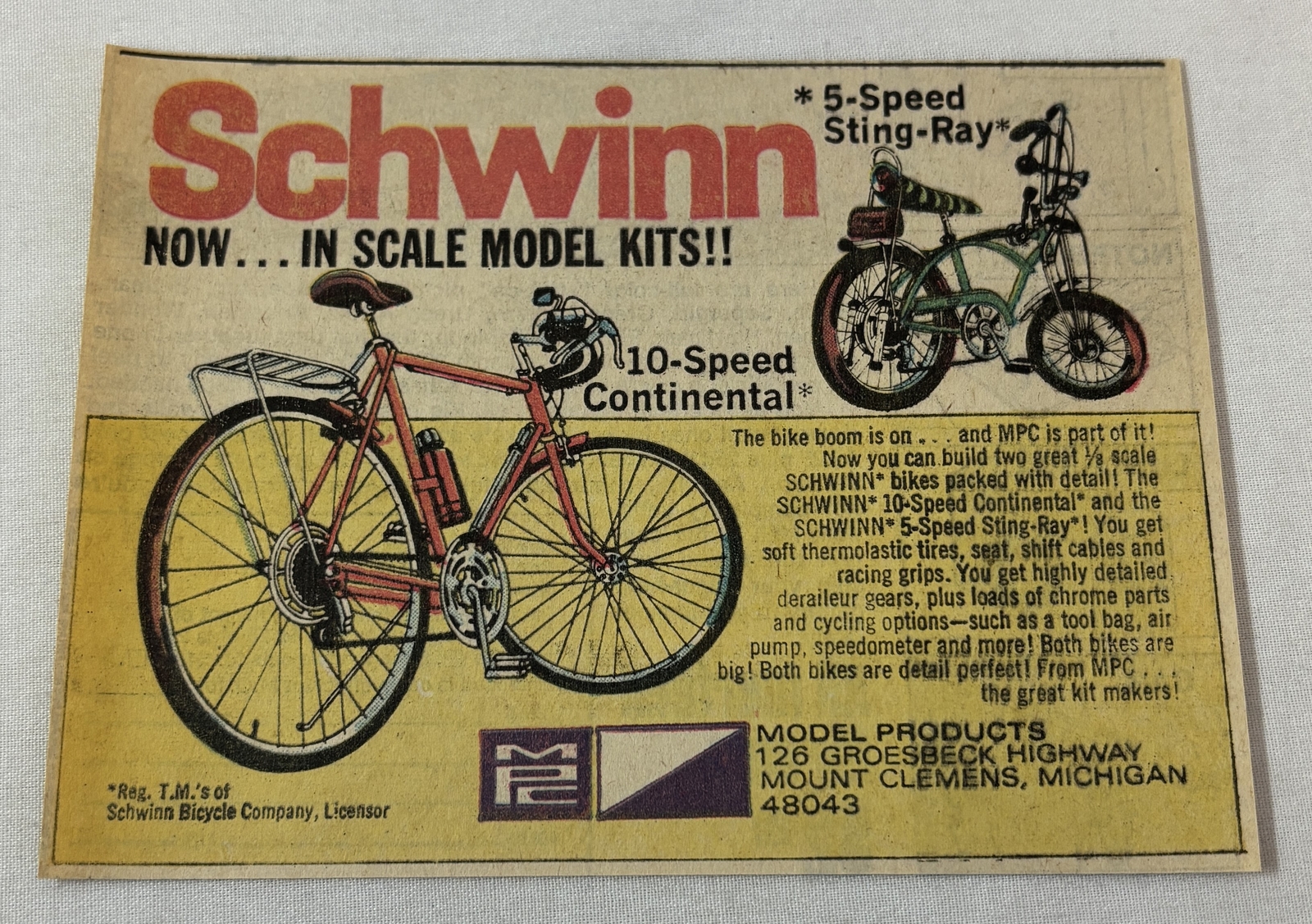 1973 MPC model kits cartoon ad ~ SCHWINN BICYCLES Sting-Ray, Continental
