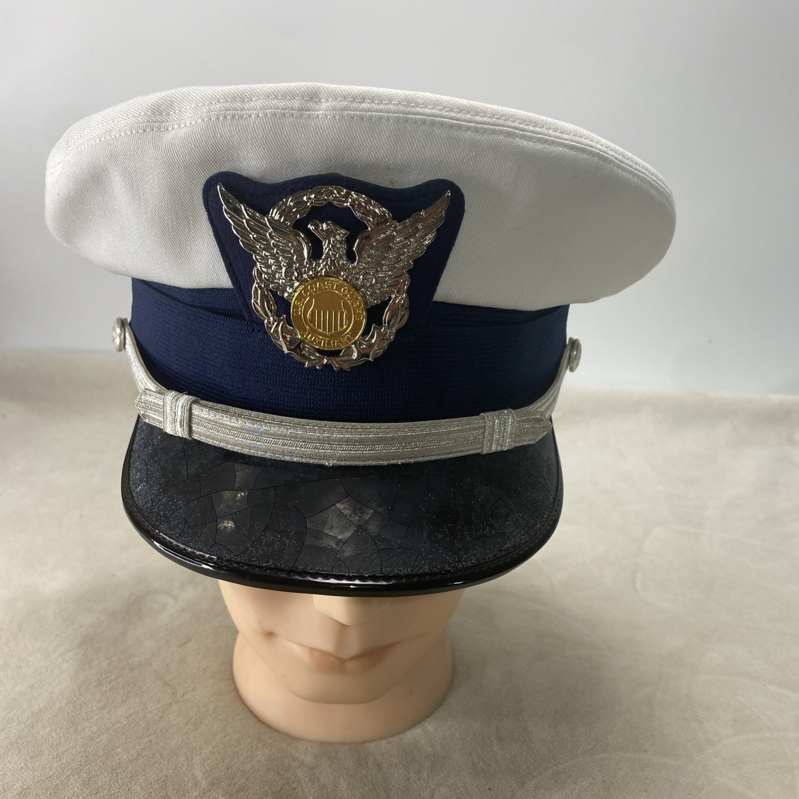 Vintage U.S. Coast Guard Auxiliary Officer White Visor Cap Hat Bancroft 7 1/8