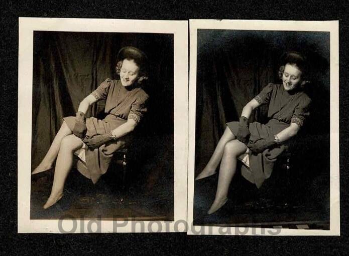 2 PICS WOMAN SEXY LEGS FIXING STOCKING DRESS HAT OLD/VINTAGE PHOTO- A192