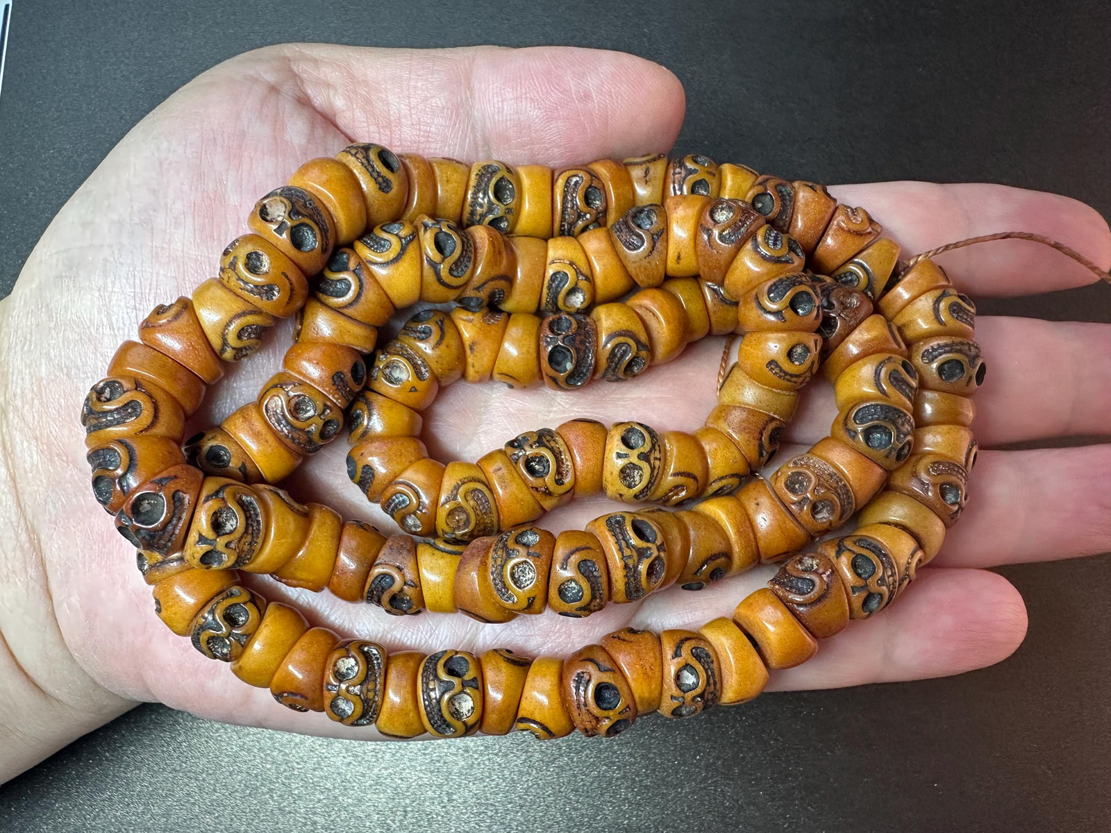 108 Yak Bone Skull Mala, Tibetan Citipati Beads, 11.5mm, Charnel Ground Design,