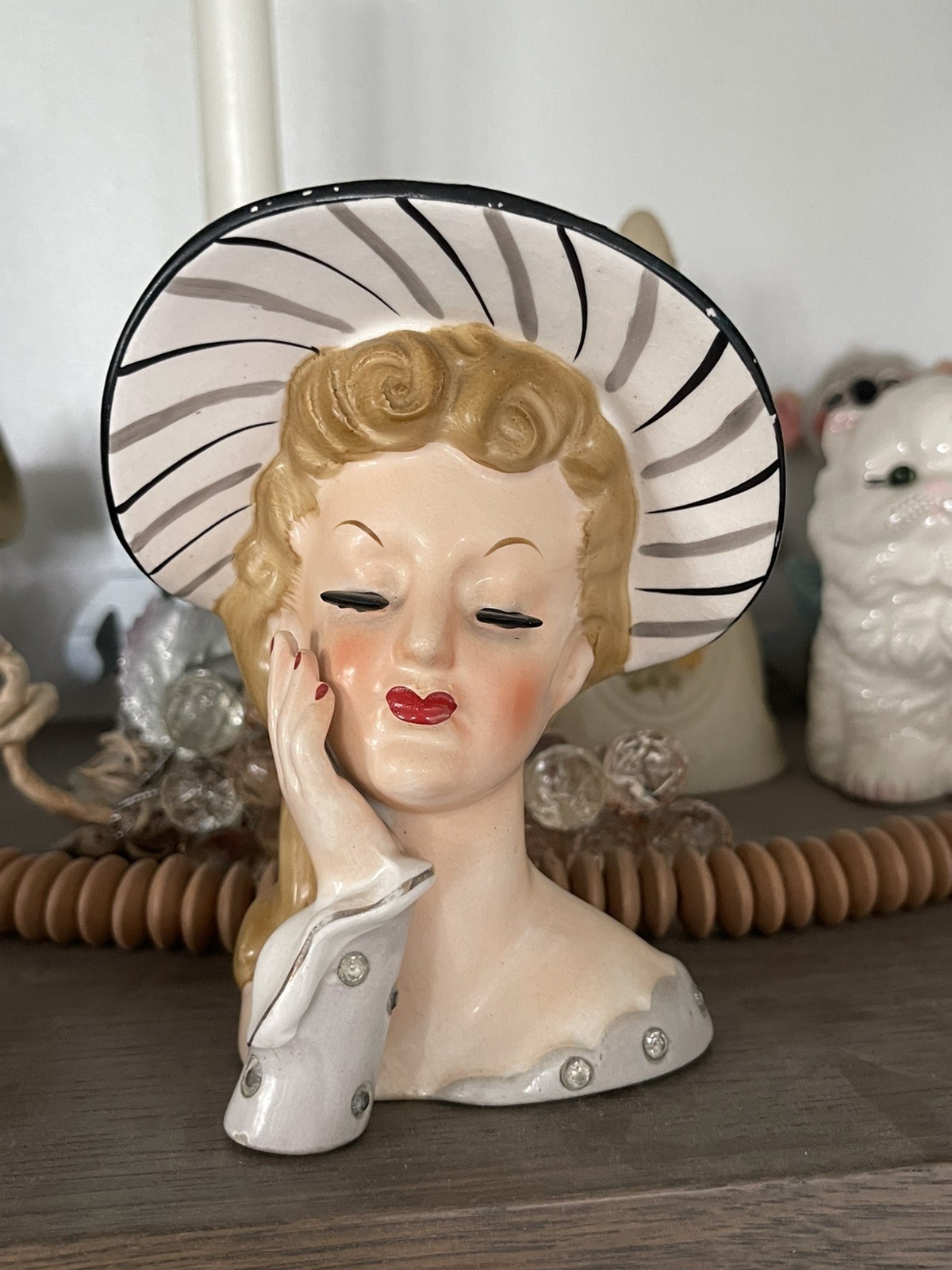 Vintage Napco 1956 Lady Head Case/Planter C1776C Striped Hat Gray Dress Gems Vintage Napco 1956 Lady Head Case/Planter C1776C Striped Hat Gray Dress Gems