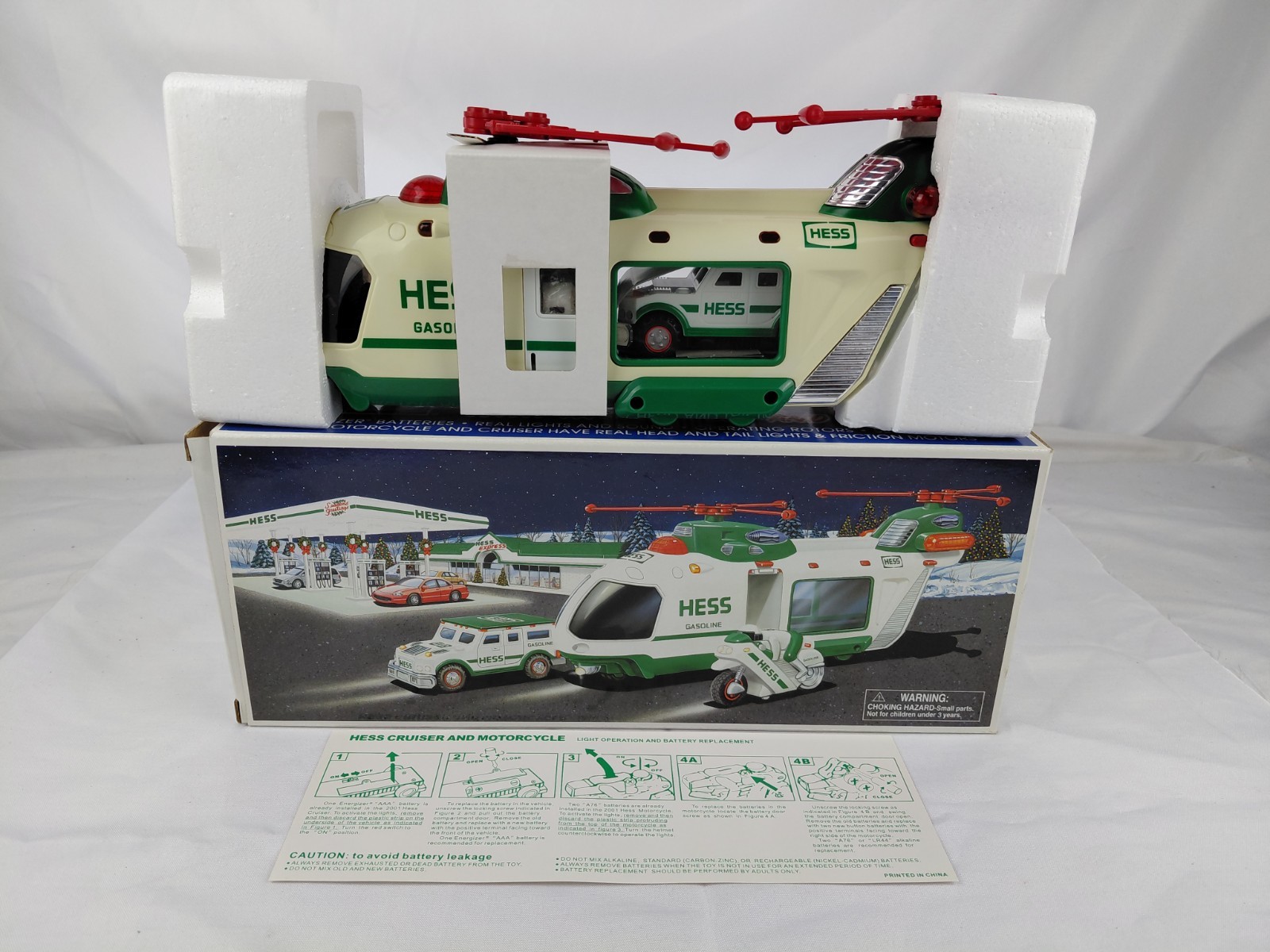 HESS Toy Truck 2001 Helicopter with Motorcycle and Cruiser - NEW IN BOX