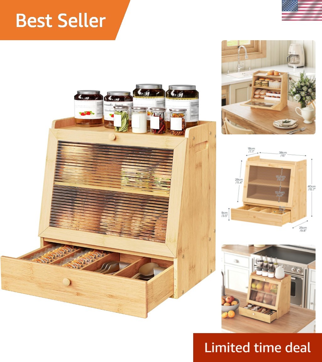 Elegant Bamboo Bread Box with Drawer & Acrylic Door - 2-Tier Storage Solution