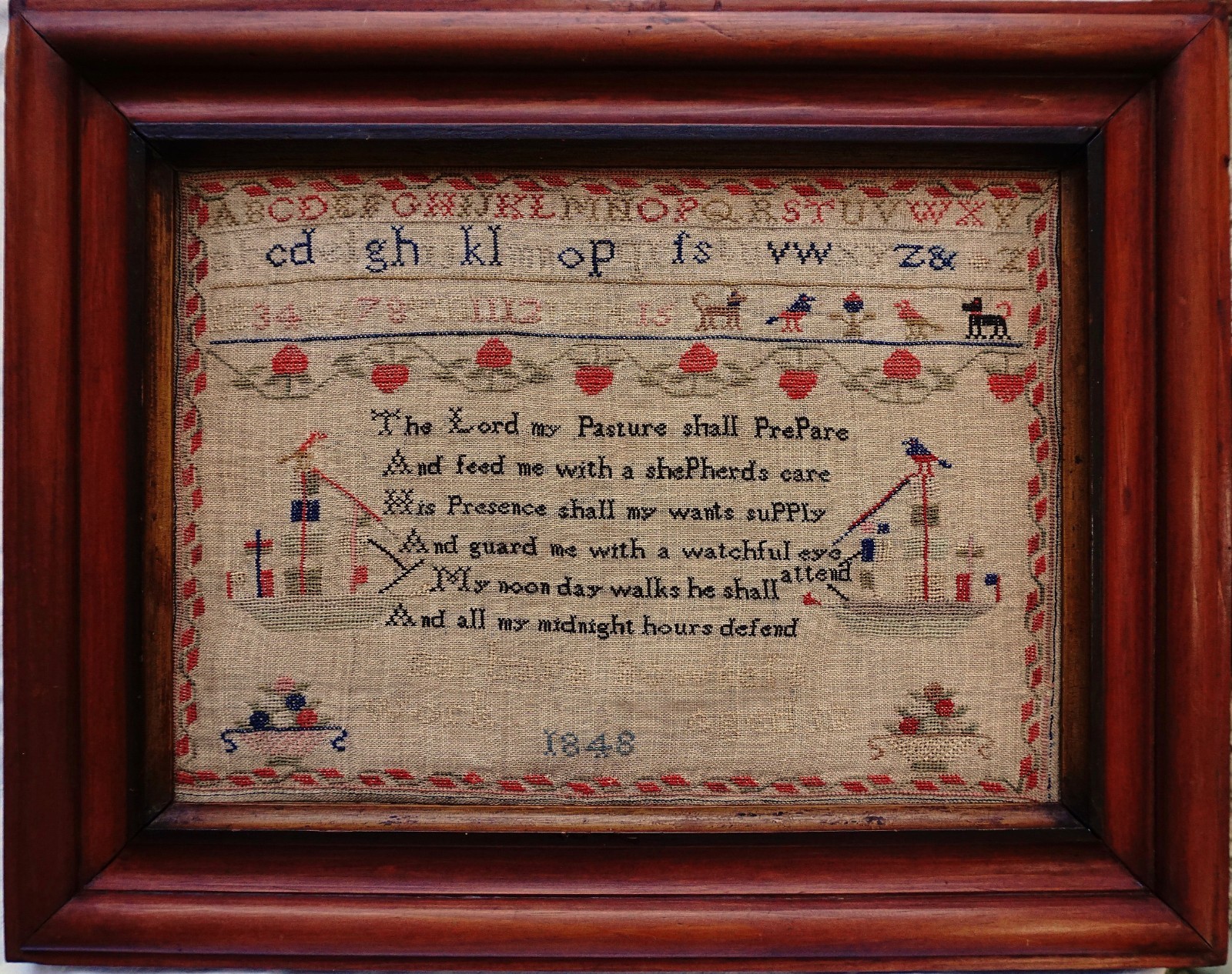 MID 19TH CENTURY SAILING SHIPS & VERSE SAMPLER BY BARBARA BOWNESS - 1848
