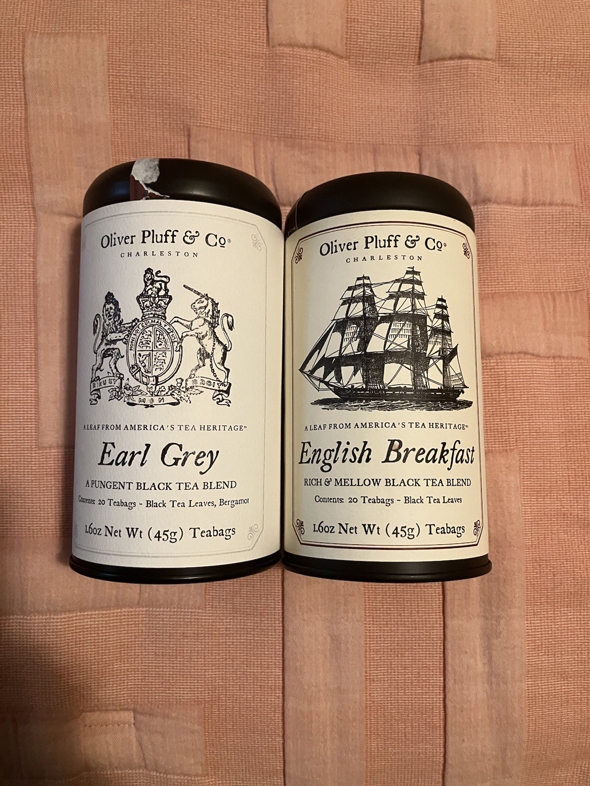Oliver Pluff 2pc EMPTY Tea Tins Canister ~ English Breakfast & Earl Grey Oliver Pluff 2pc EMPTY Tea Tins Canister ~ English Breakfast & Earl Grey