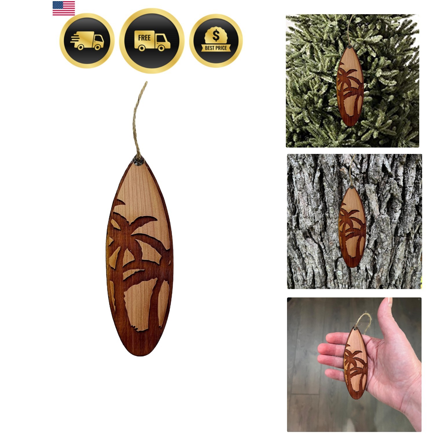 Palm Tree Surfboard - Cedar Ornament Palm Tree Surfboard - Cedar Ornament
