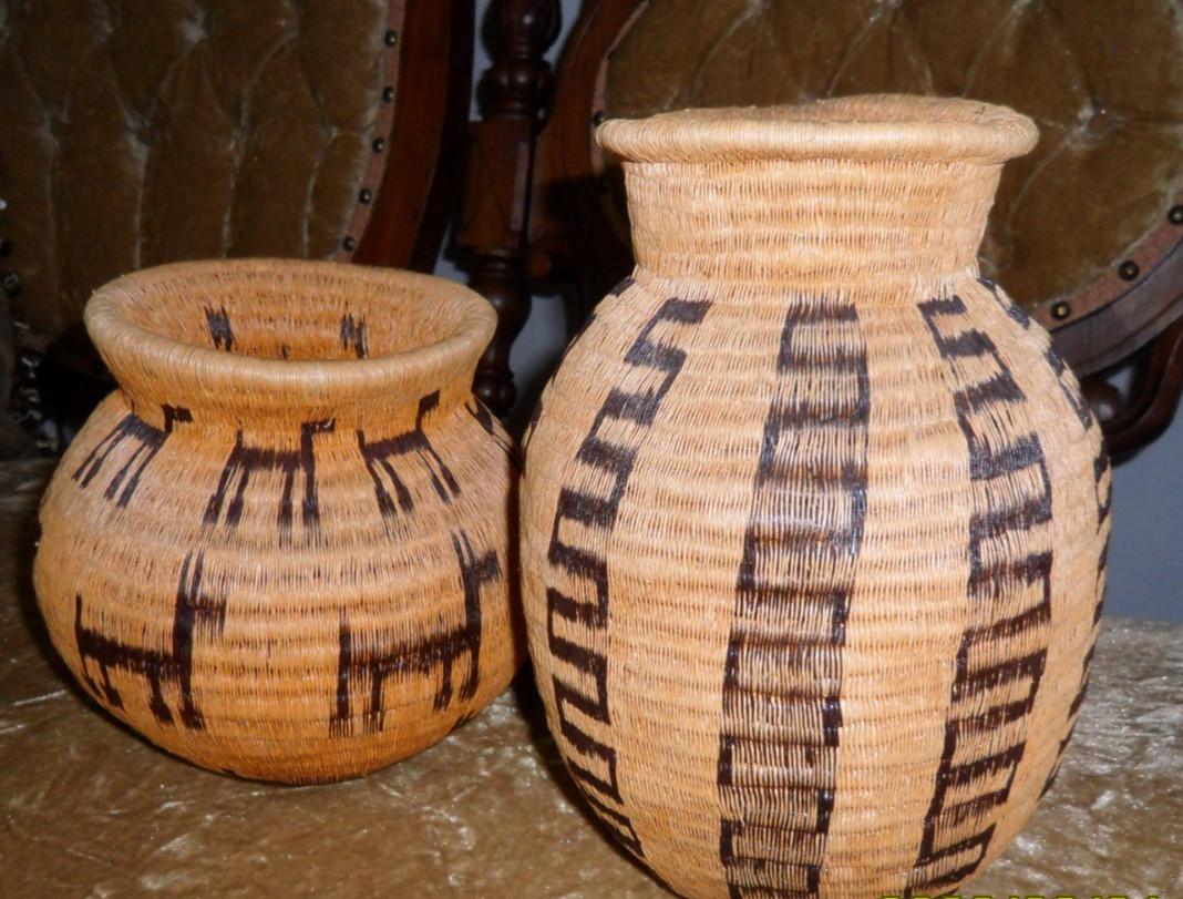 Two Antique Vintage Rainforest Panamanian Weaved Baskets Set with Animals