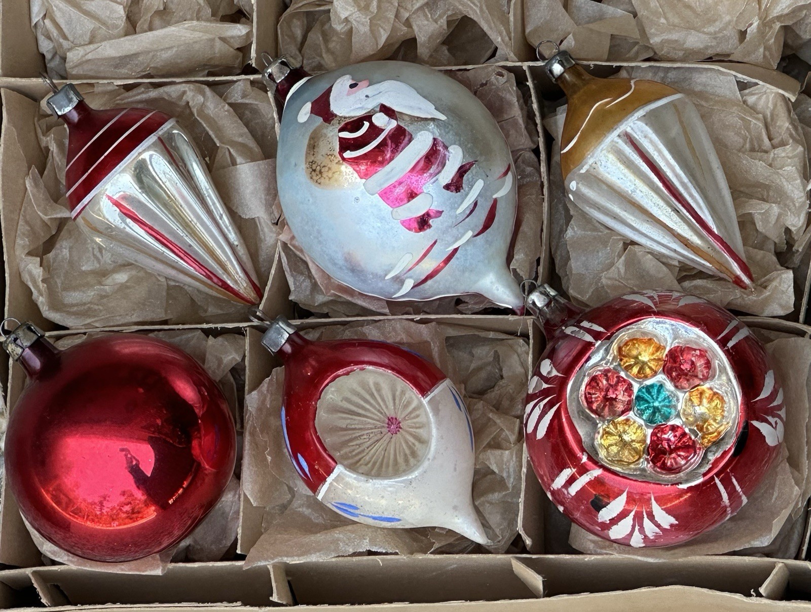 Vintage Poland German Hand Painted Drop Double Indent Santa Glass Ornaments