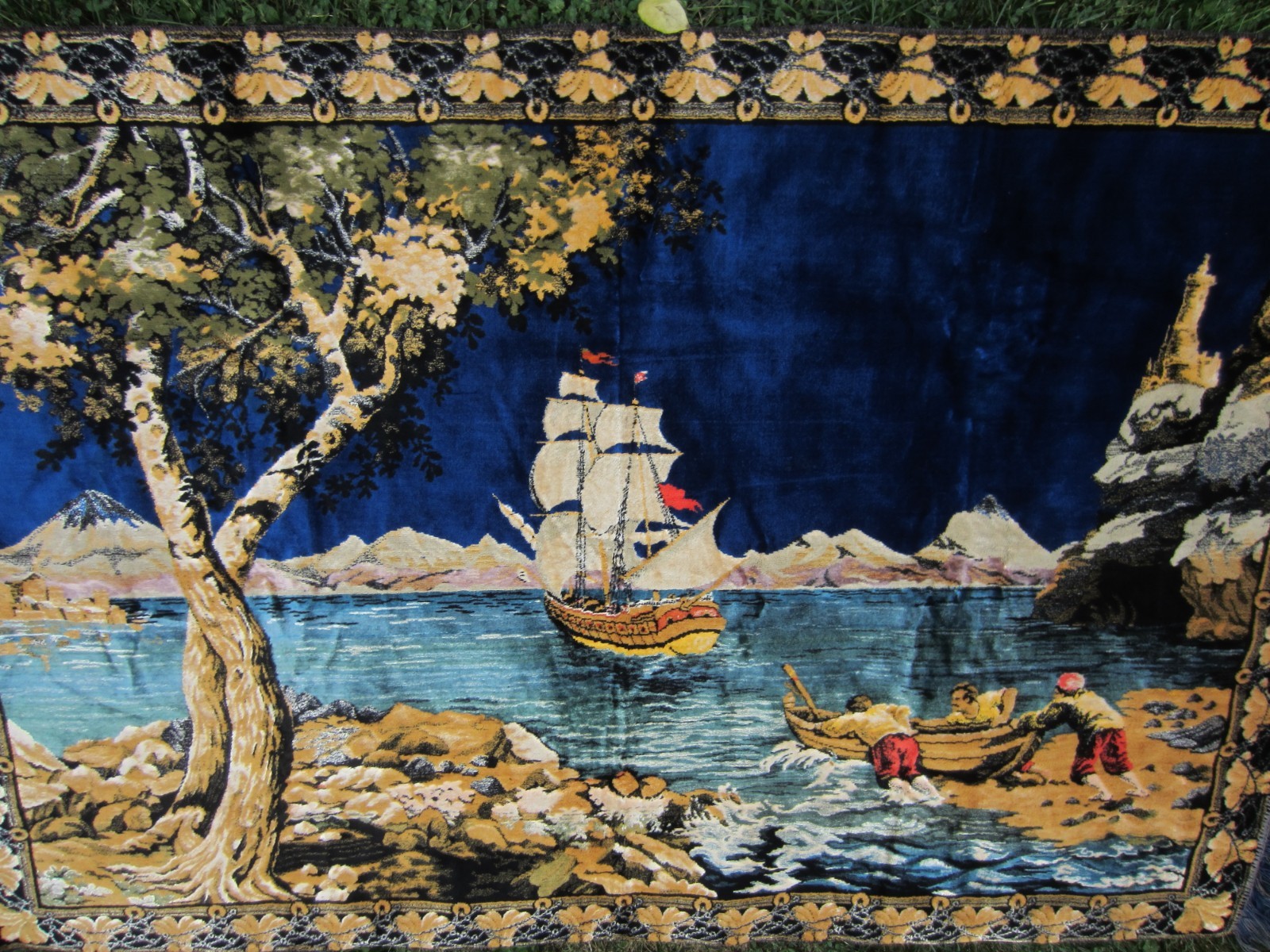 VTG~Italy~Wall Hanging Tapestry~Velvet/Cotton~Clipper Ship/BLUESea/Shore~4\' x 6\'