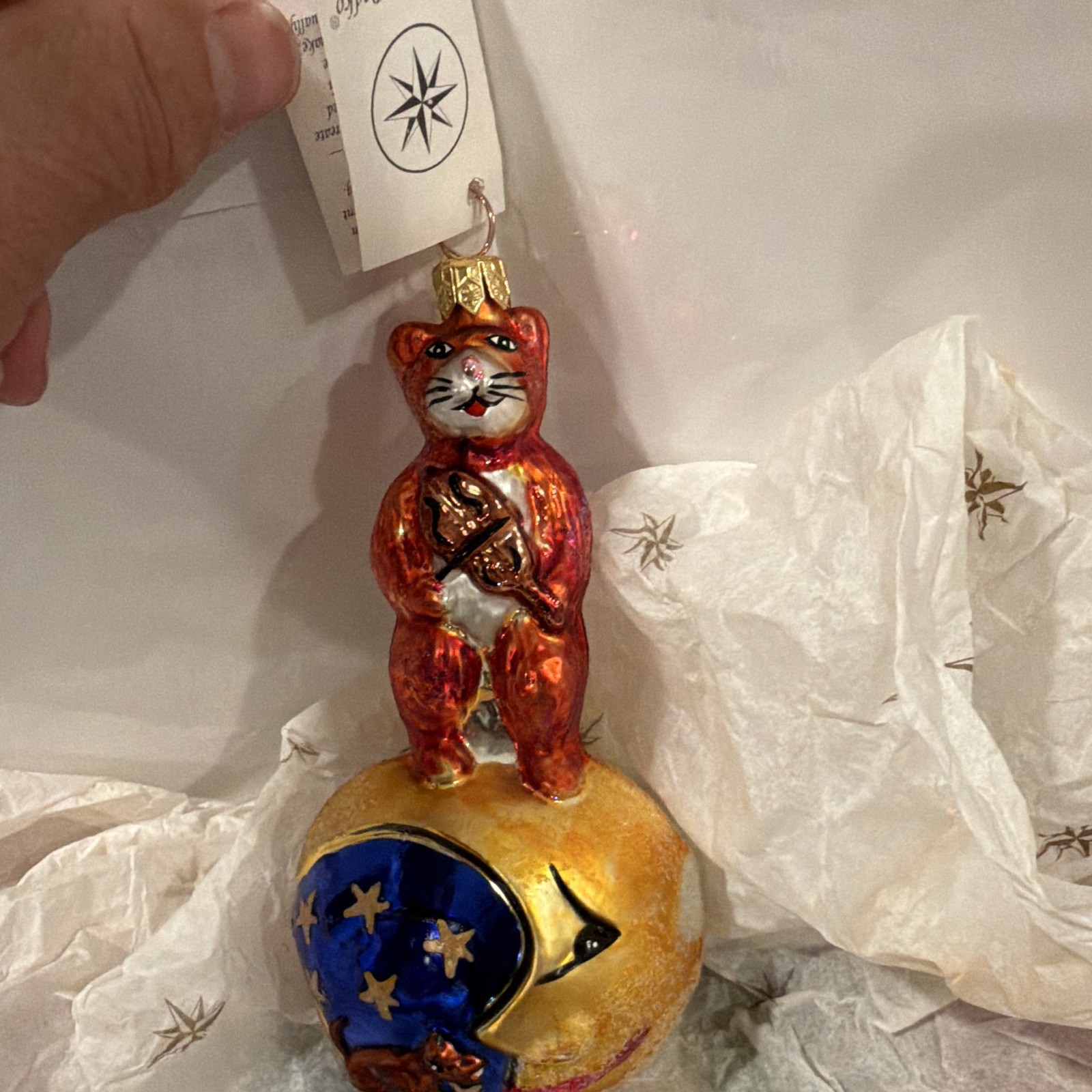 Vintage 1997 Christopher Radko Hey Diddle Diddle Cat Fiddle Glass Ornament NOS