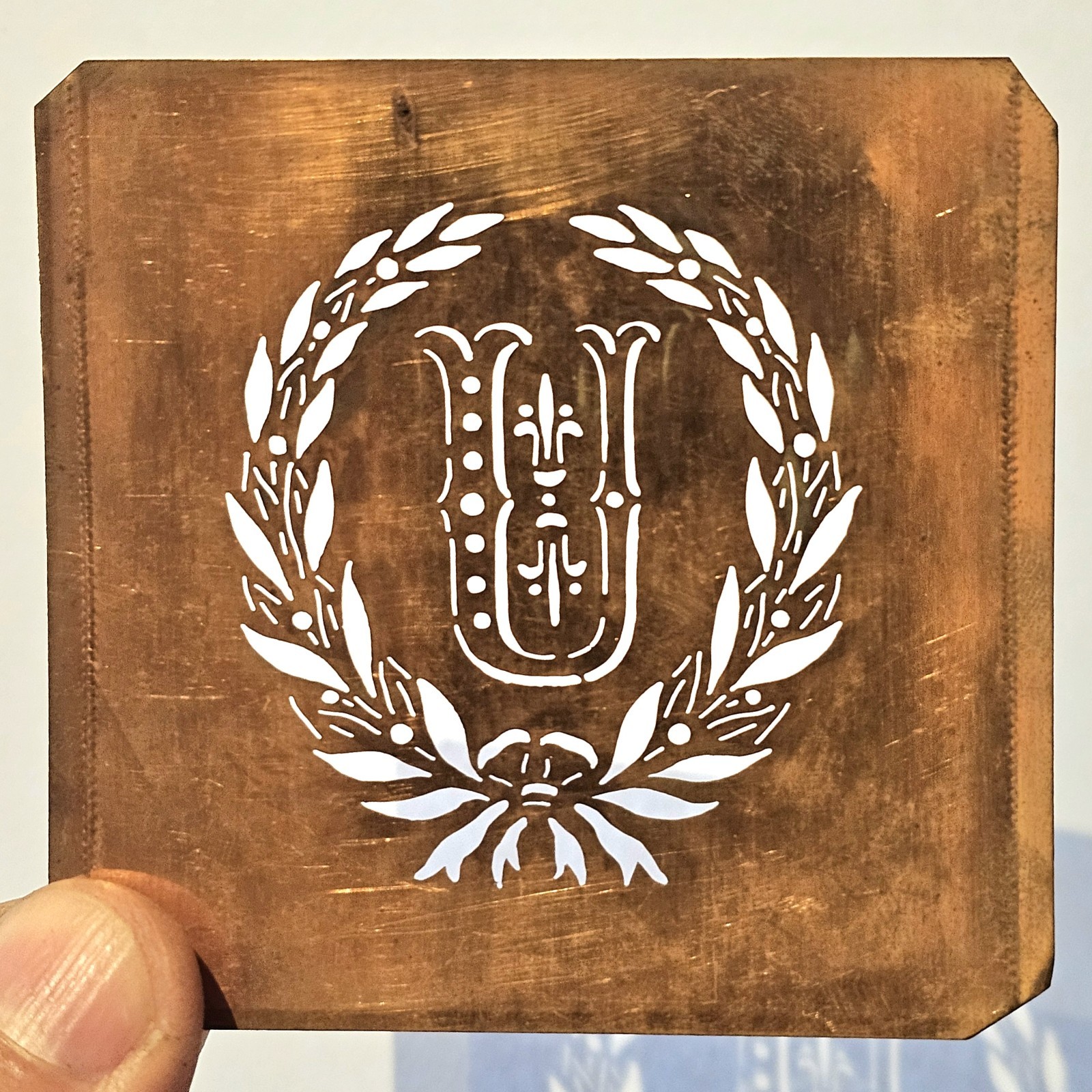 Antique Copper Monogram Stencil Letter U – Ornate Alphabet Plate c.1880–1920 U2