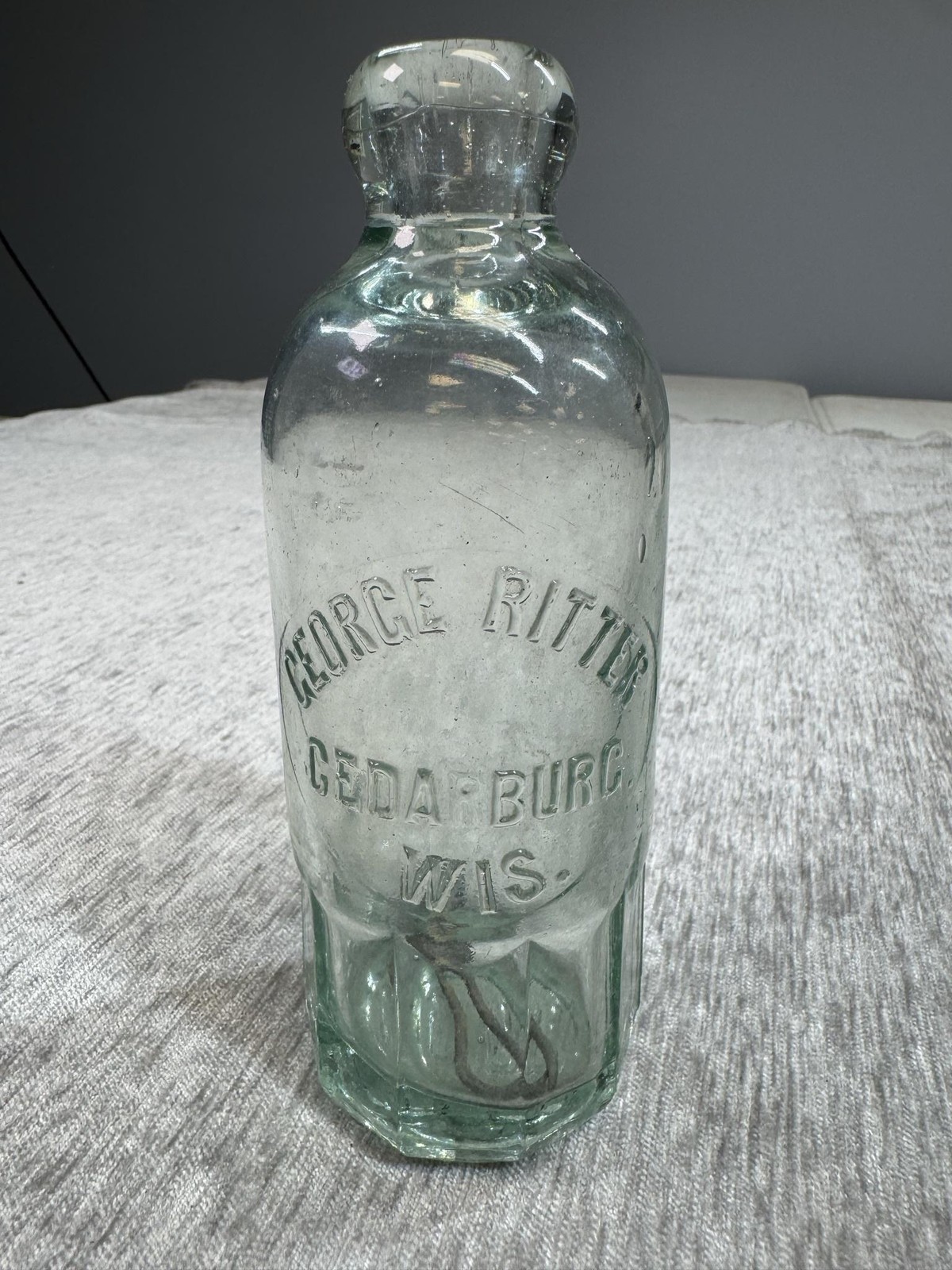 Vintage George Ritter Cedarburg WI Aqua Green Blob Top Soda Bottle Embossed