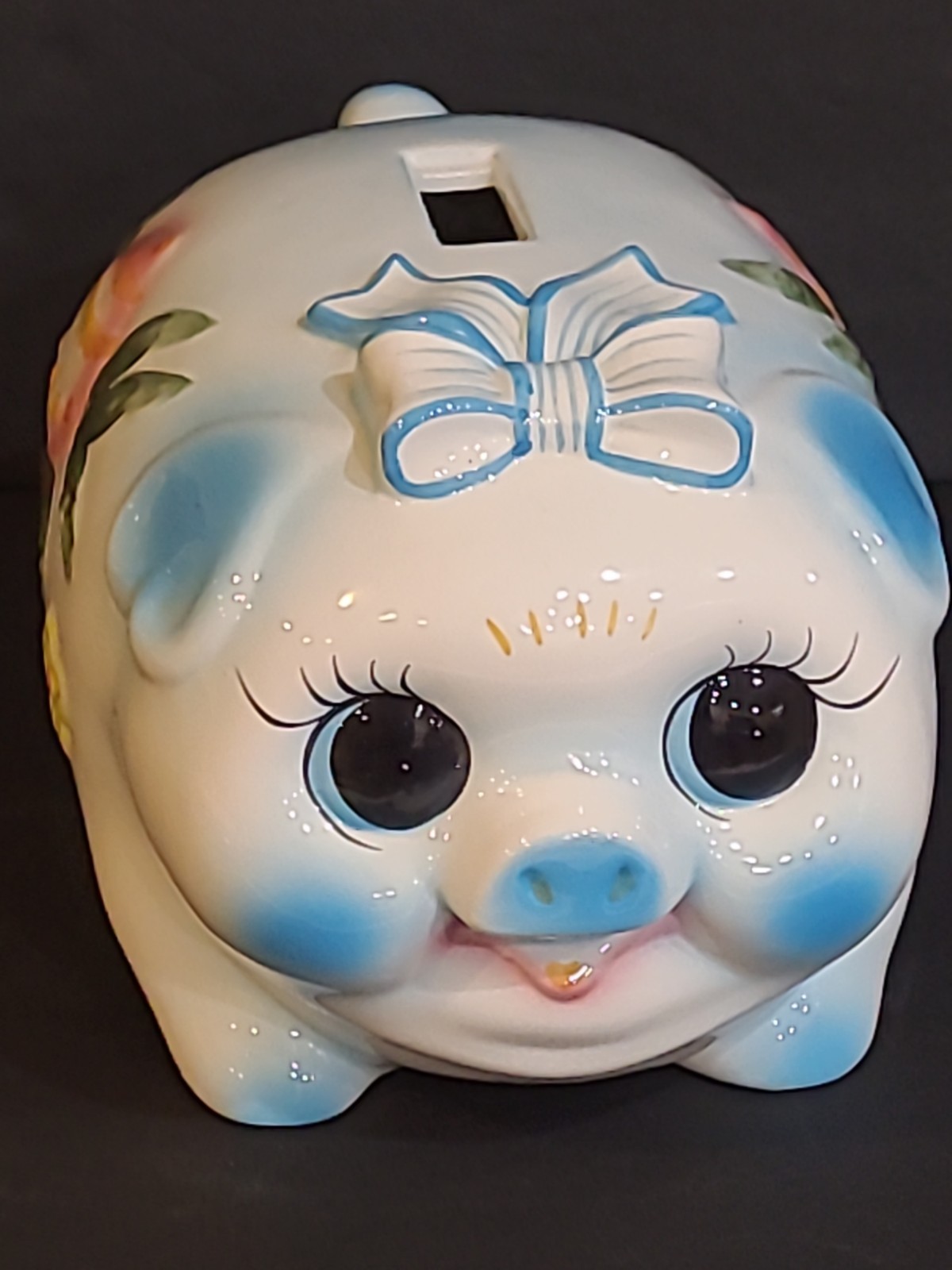 Vintage Large Hand Painted Ceramic Floral Piggy Bank Big Eyes. Vintage Large Hand Painted Ceramic Floral Piggy Bank Big Eyes.