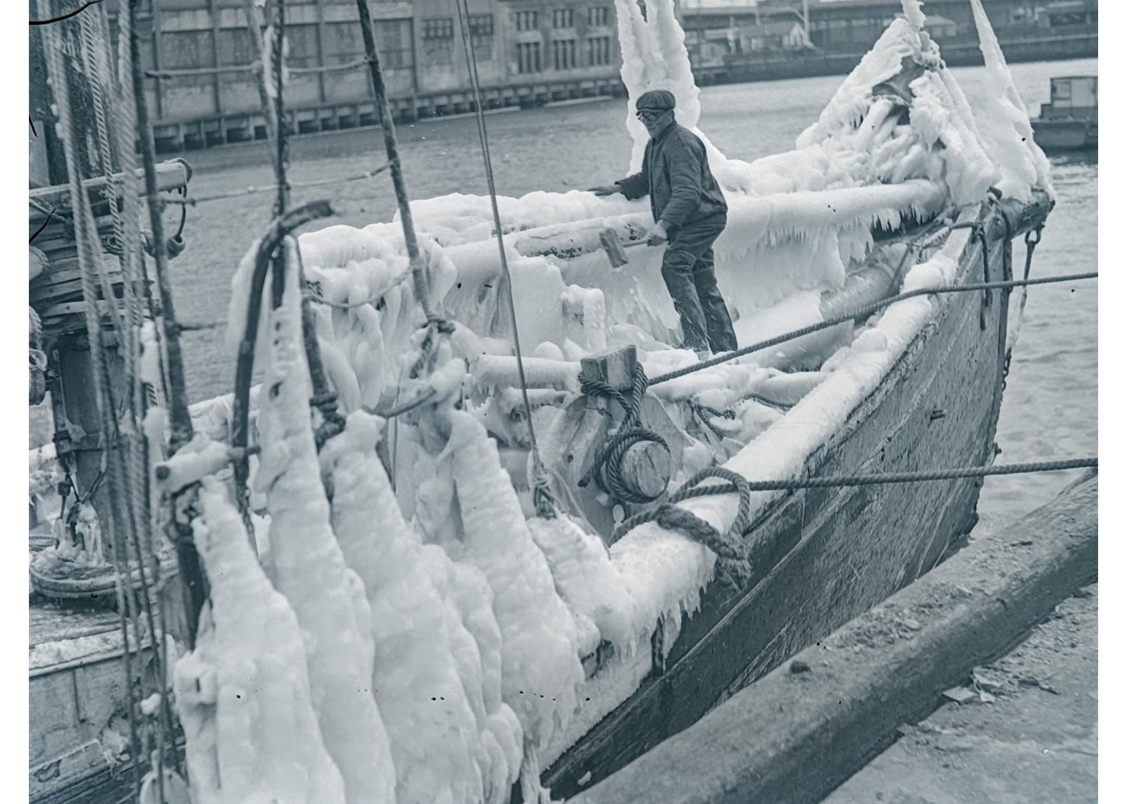1924 Winter Ice Covered Fishing Schooner Herbert Boston Fish Pier Glass Neg OOAK