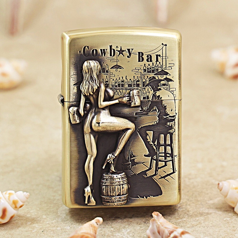 Custom Zippo 205 Lighter – Cowboy Bar Scene w/ Metal Applique Woman