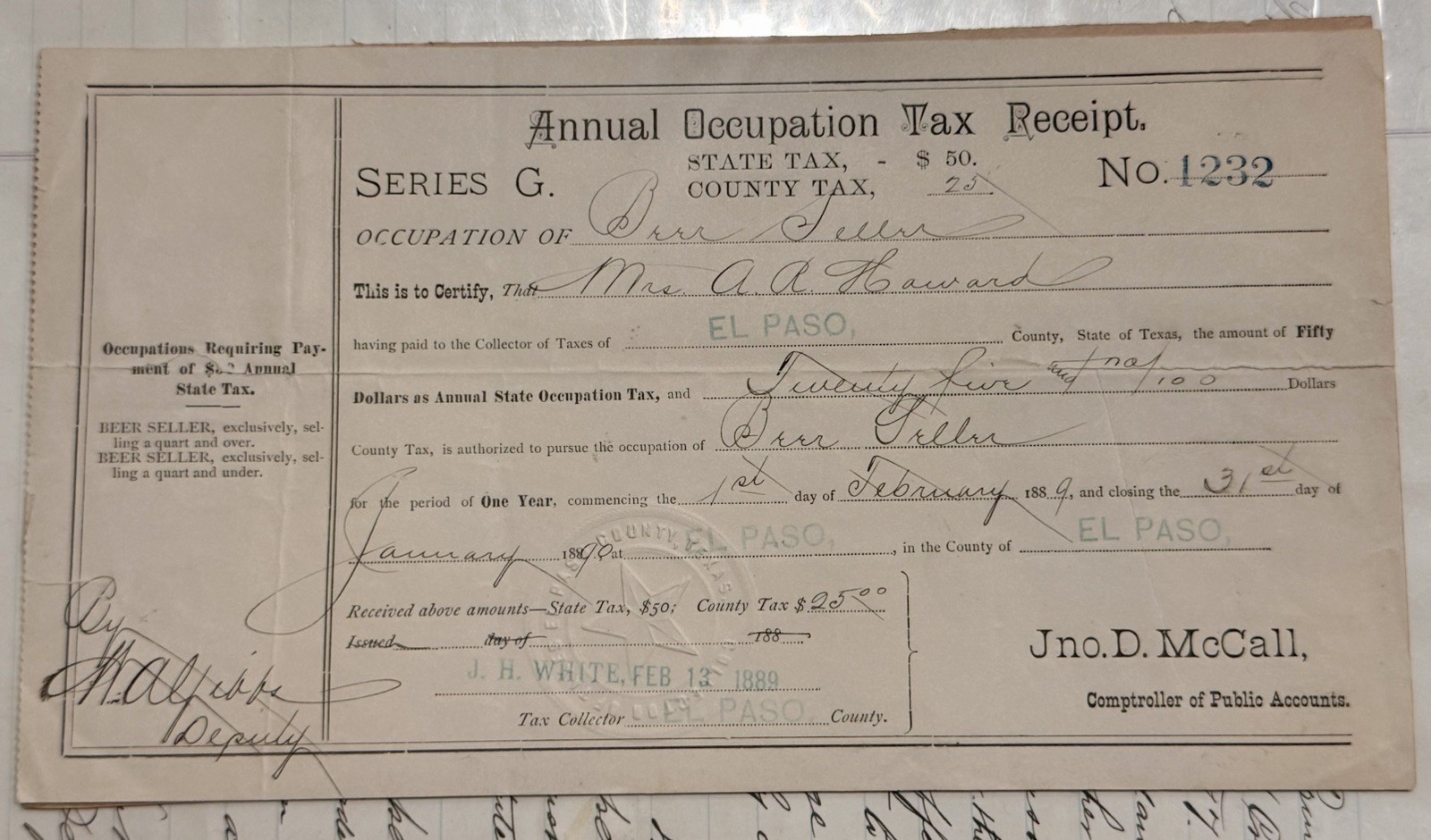 Rare Authentic El Paso Texas Prostitution Document Tillie Howard License 1889
