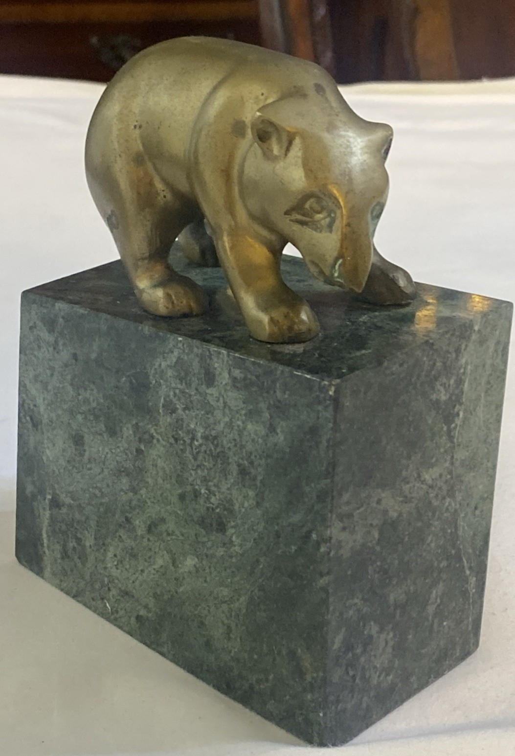 Vintage Solid Brass Bear With Green Marble Bookend Shows Some Patina 4.14 Pounds Vintage Solid Brass Bear With Green Marble Bookend Shows Some Patina 4.14 Pounds