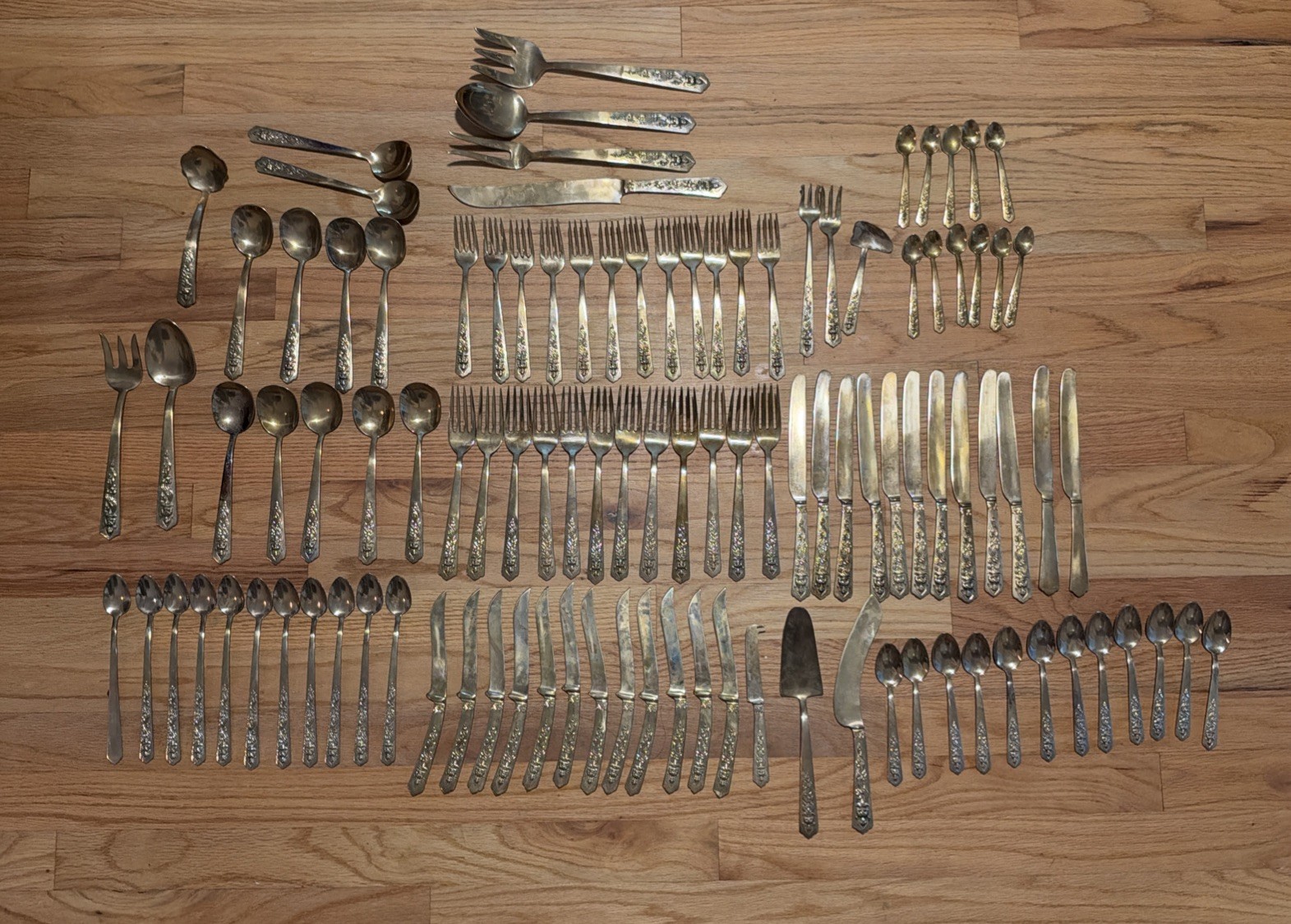 Vintage Siam Thailand Bronze Brass Flatware Set 106 Pc Ornate Buddha Deity MCM