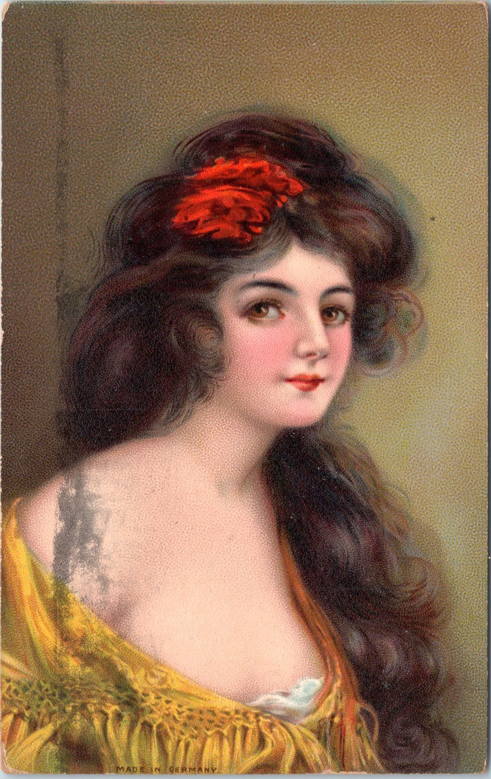 Pretty Dark Haired Woman with Rose in Hair - 1907 Posted d/b Postcard