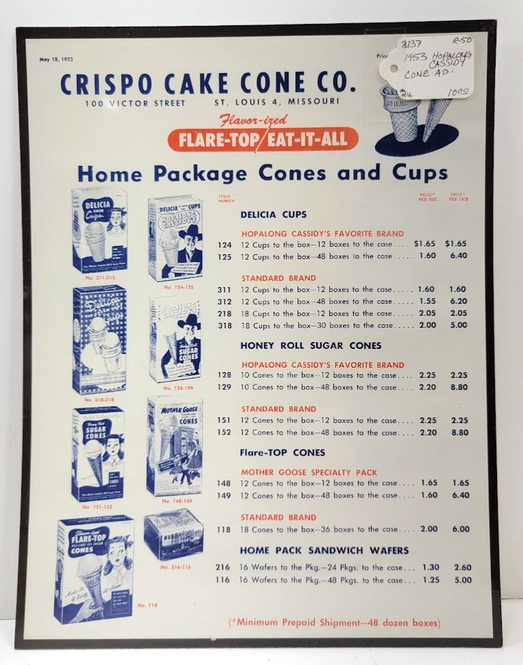 Vintage 1953 Crispo Cake Cone Co. Hopalong Cassidy Cones and Cups Price List Ad